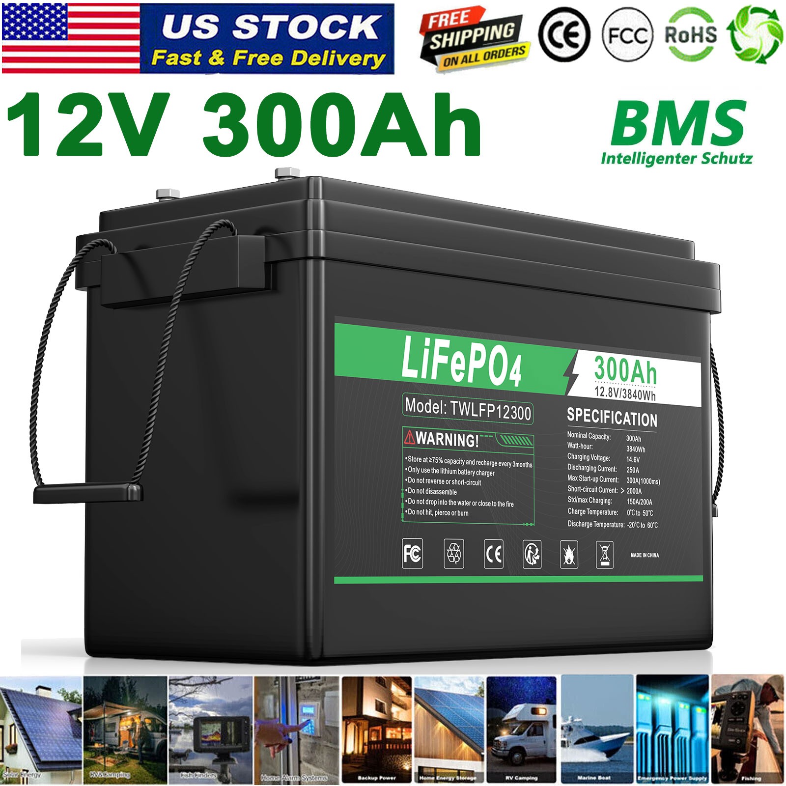 12V 300Ah lifepo4 lithium Battery BMS Deep Cycle Solar For Off-grid RV Marine US