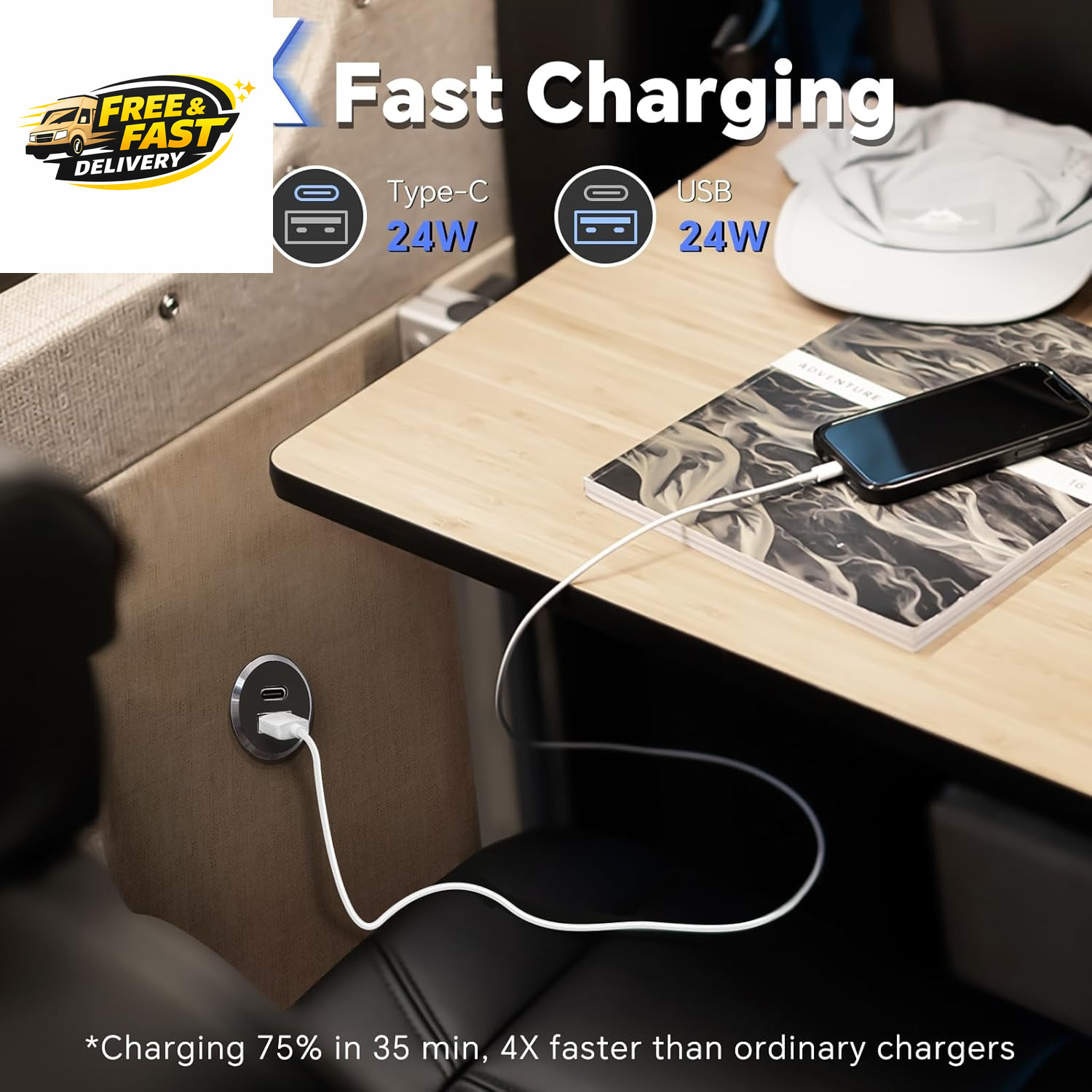12V USB Outlet All-Aluminum QC 3.0 USB-A & USB-C PD3.0 Dual Fast Car Charger Soc