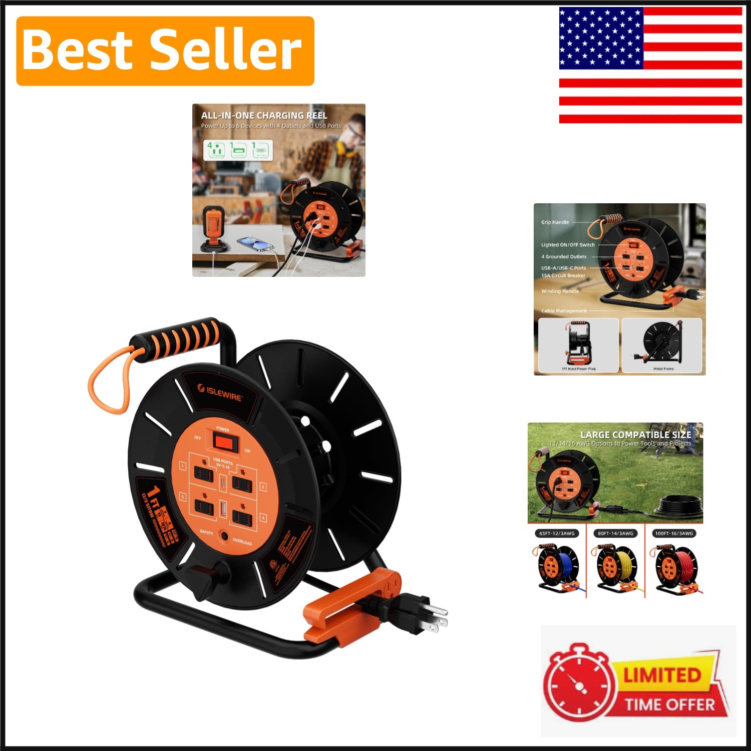 Ergonomic Retractable Cord Reel with 4 Outlets, USB Ports, & Heavy Duty Design