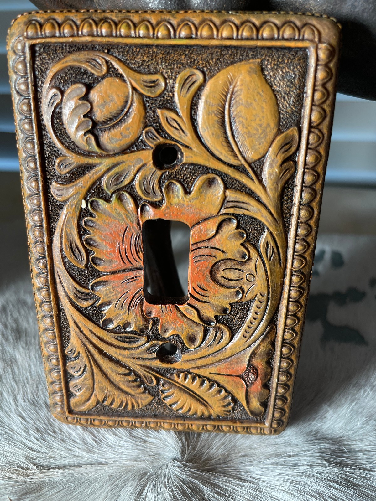 Western Light Switch Plate Cover 5.25 x 3.5 in Leaves Resin Brown Single