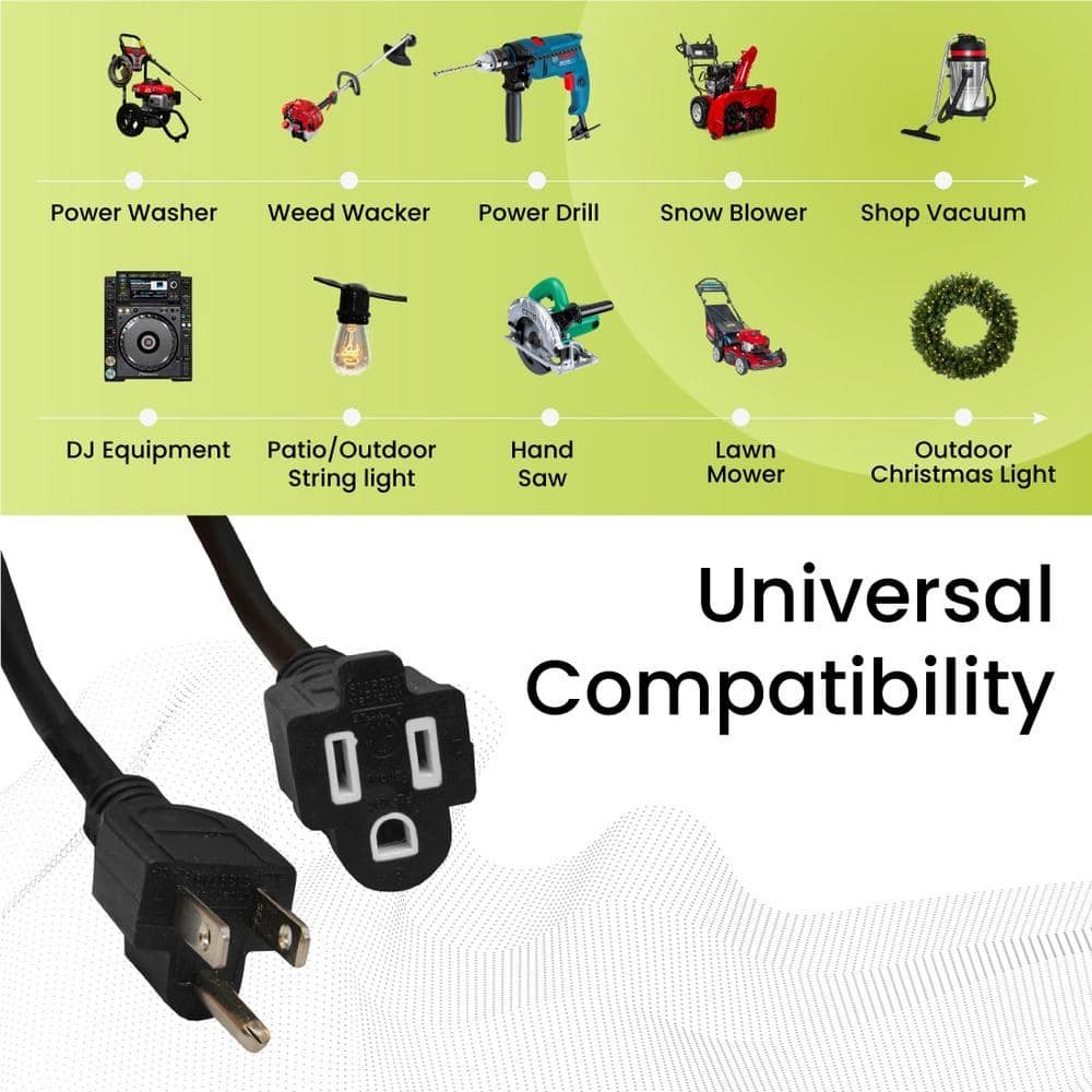 25 Ft Heavy Duty Extension Cord 16 Gauge 16/3 Outdoor Power Cord Black