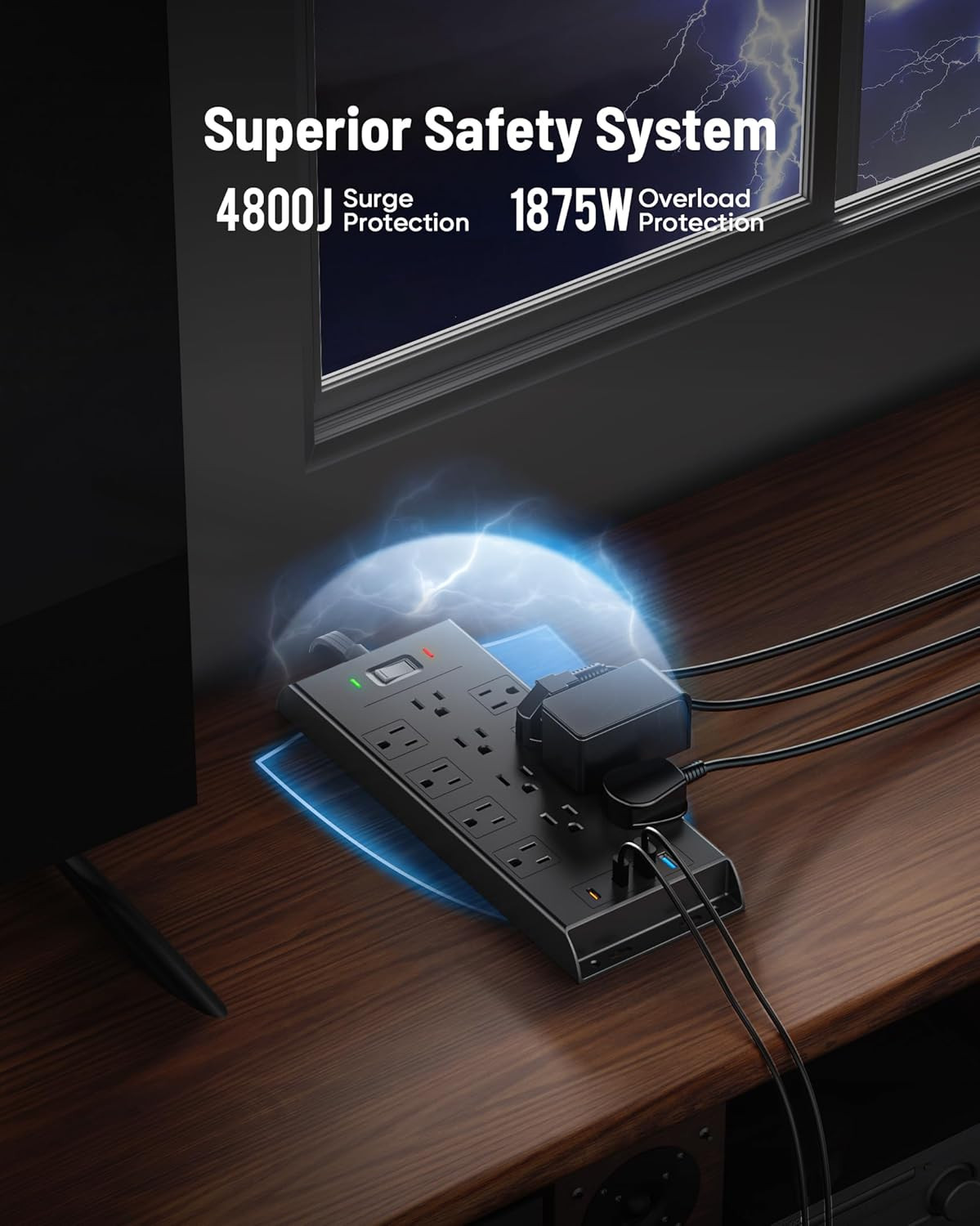 Surge Protector Power Strip 4800J, 15Ft Long Extension Cord Flat Plug, 12 Outle