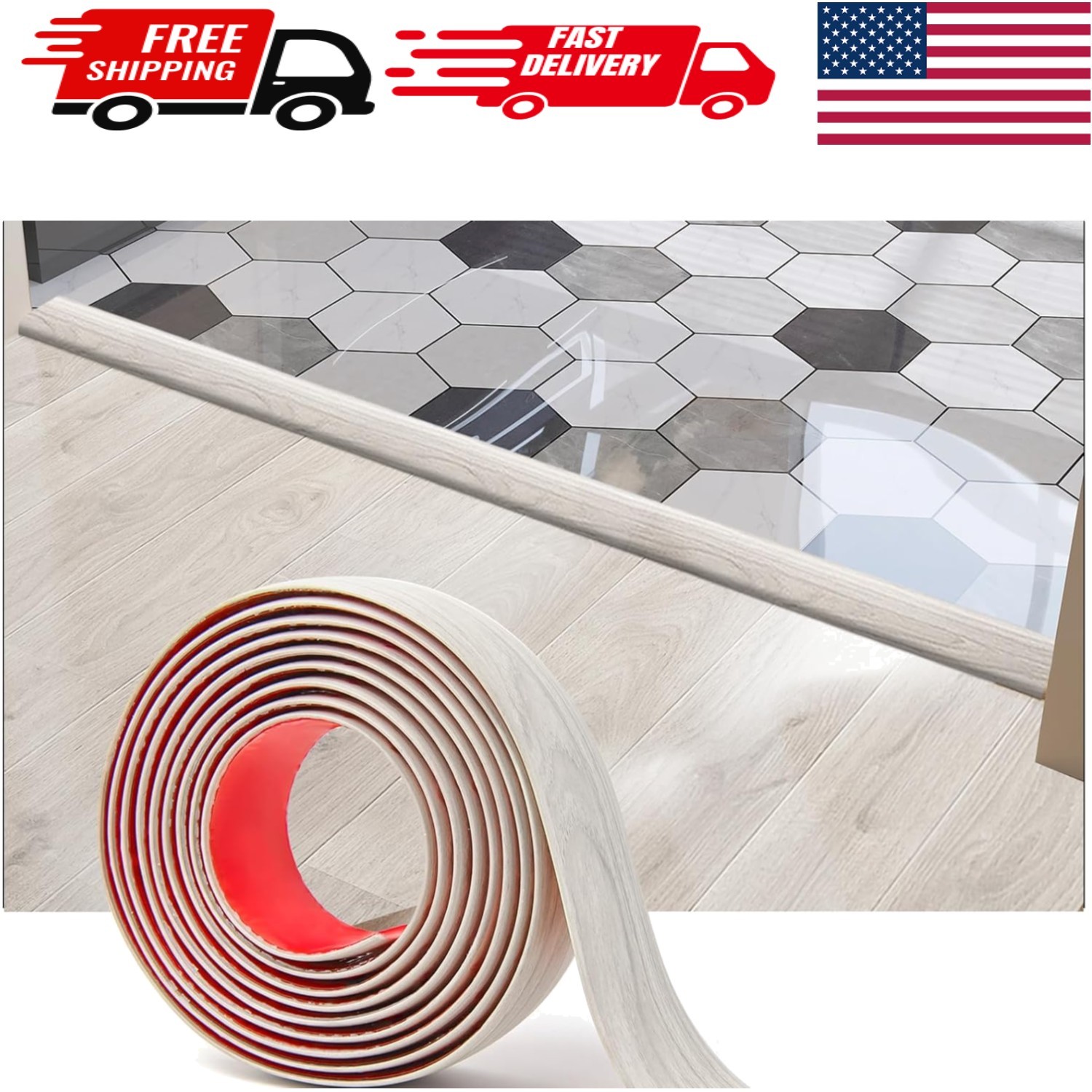 Elegant Self-Adhesive Vinyl Floor Transition Strip – 10FT, White-Washed Finish