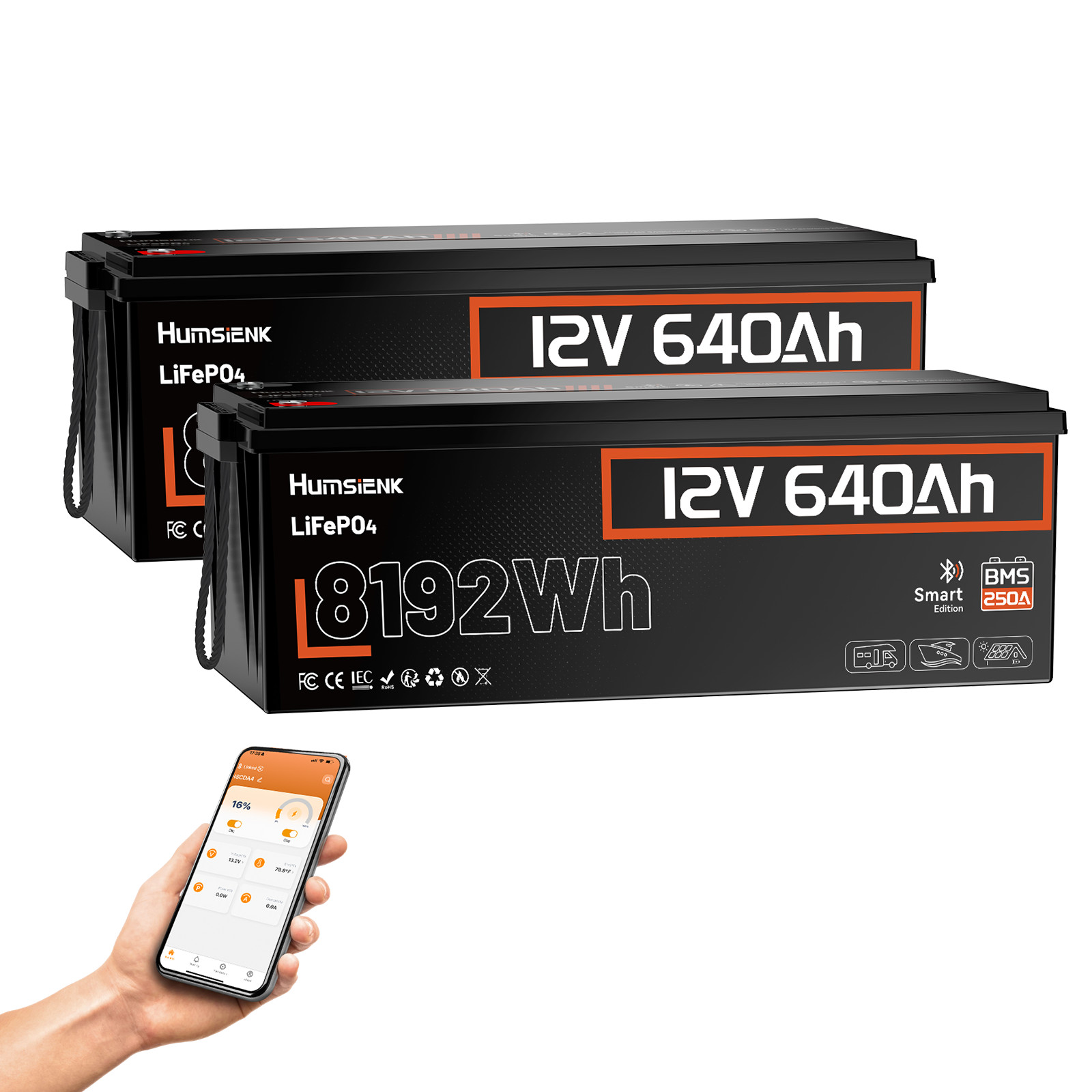 2Pack 12V 640Ah 16KWh LiFePO4 Battery Deep Cycles 250A BMS Off-Grid Marine Solar