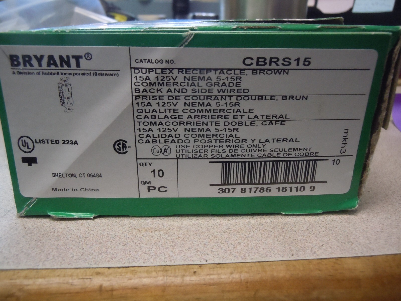 Bryant Straight Blade Outlet Duplex Receptacle CBRS15 5-15R 15A 125V Box 10