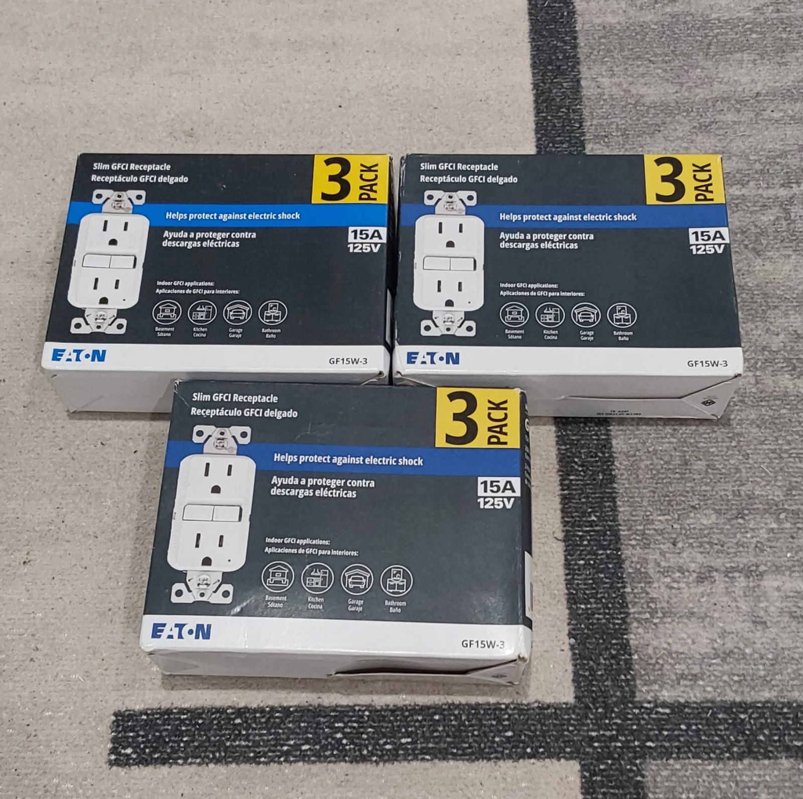 Eaton (GF15W-3) 15A 125V Slim GFCI Receptacle LOT OF 3 White, 3-Pack NEW i1***