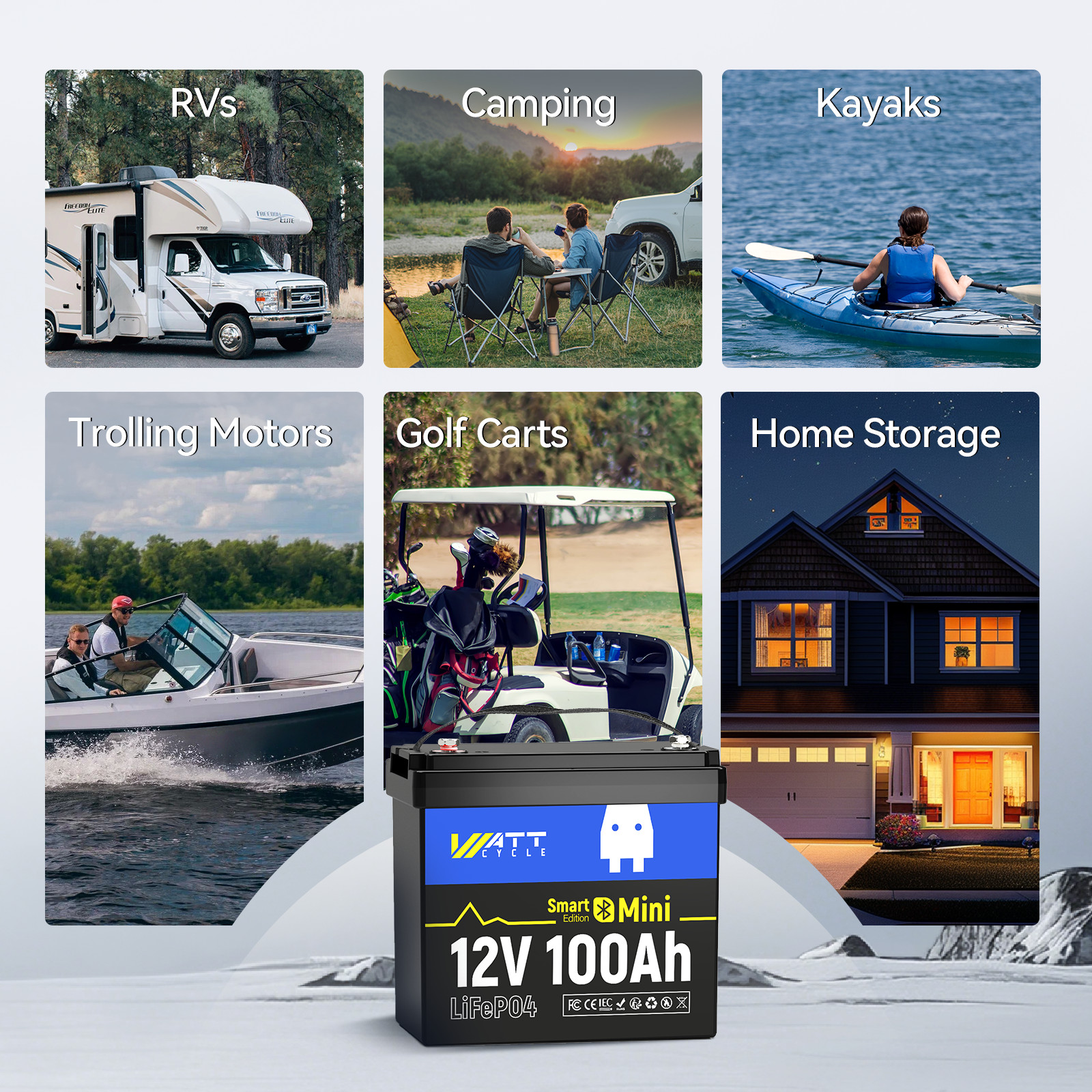 WattCycle 12V 100Ah LiFePO4 Mini Battery Bluetooth Deep Cycle Marine Off-Grid