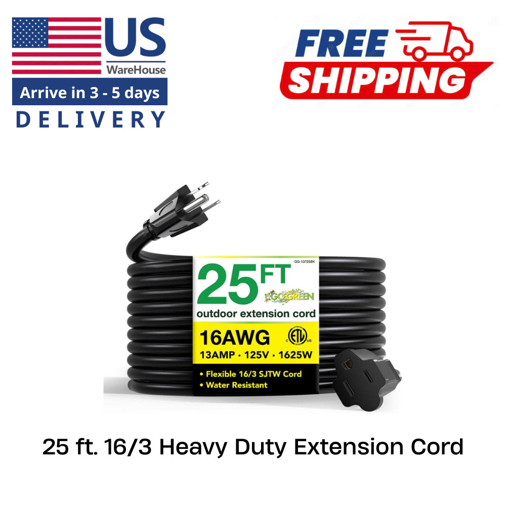 GoGreen Power 25 ft. 16/3 Heavy Duty Extension Cord – Black