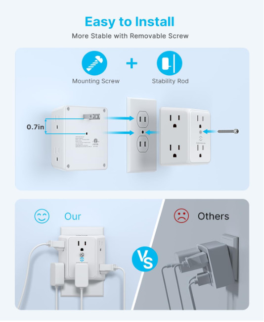 2 Prong to 3 Prong Outlet Adapter, 3 Sided 6 Outlet Widely Spaced Extender, Pola