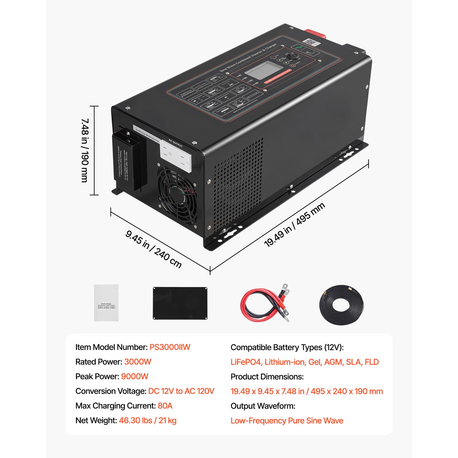 Uimoso Pure Sine Wave Inverter Charger 3000W DC 12V to AC 120V with LCD Display