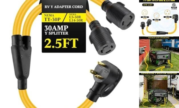 2.5 ft 30 Amp Generator Y Splitter Adapter Cord TT-30P to L5-30R & L14-30R