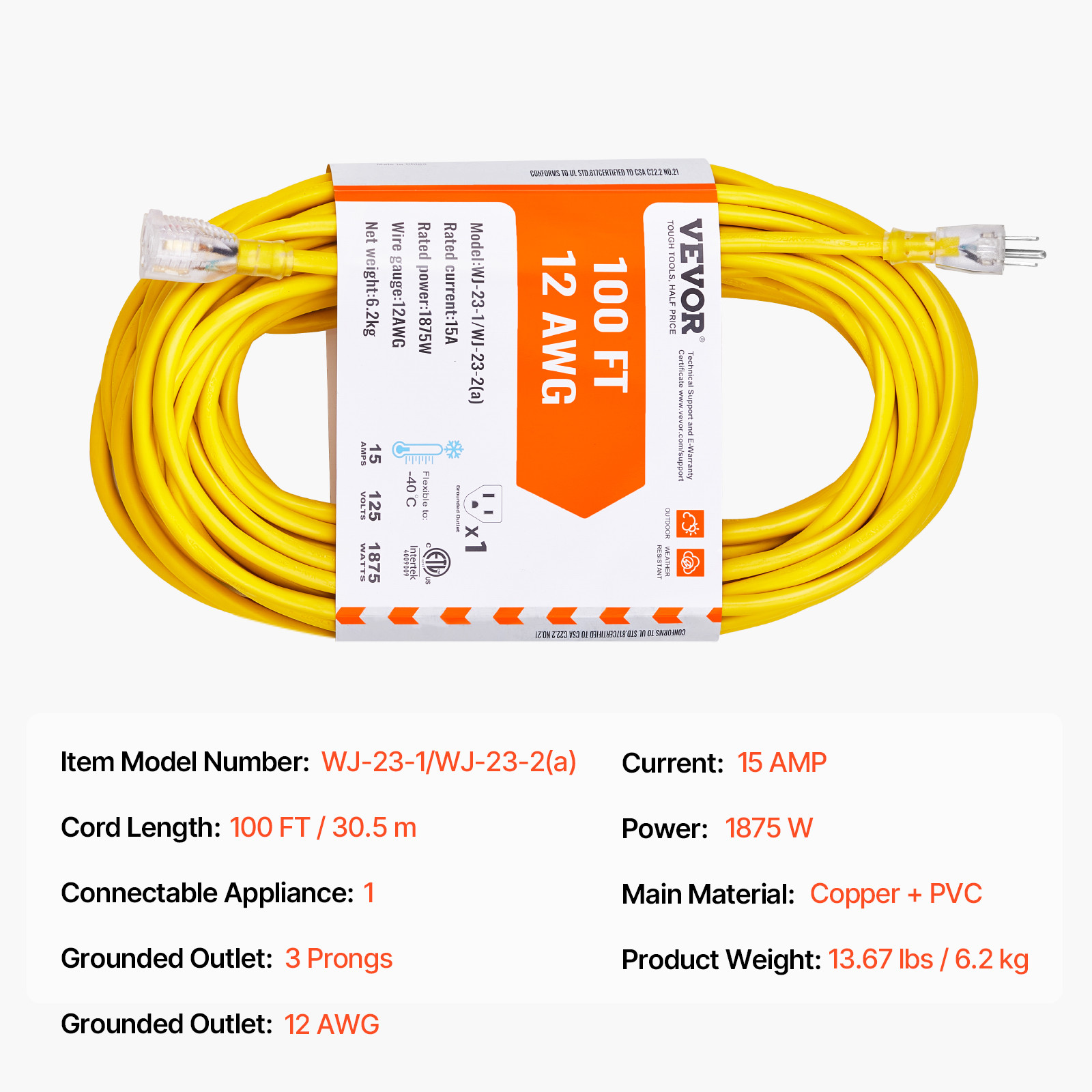 VEVOR 100FT Extension Cord 12AWG 15Amps 1875W 3 Prongs with Lighted End