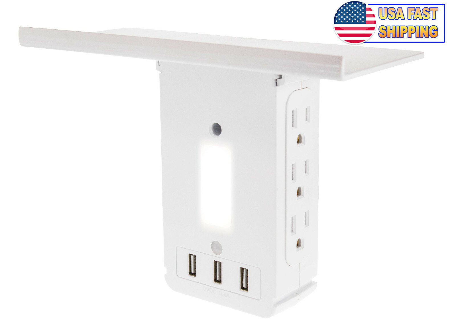 Wall Power Outlet Shelf w/ Night Light – Socket Wall Stand 6 Plugs + 3 USB