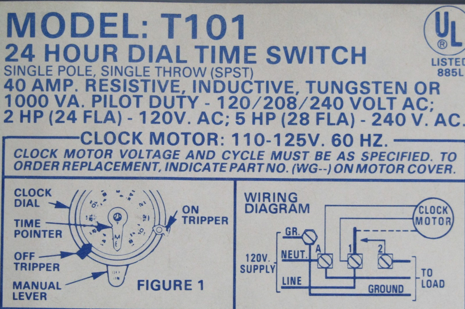 😏 INTERMATIC 24 HR DIAL TIME SWITCH 40 AMP 5 HP 240 VAC T101