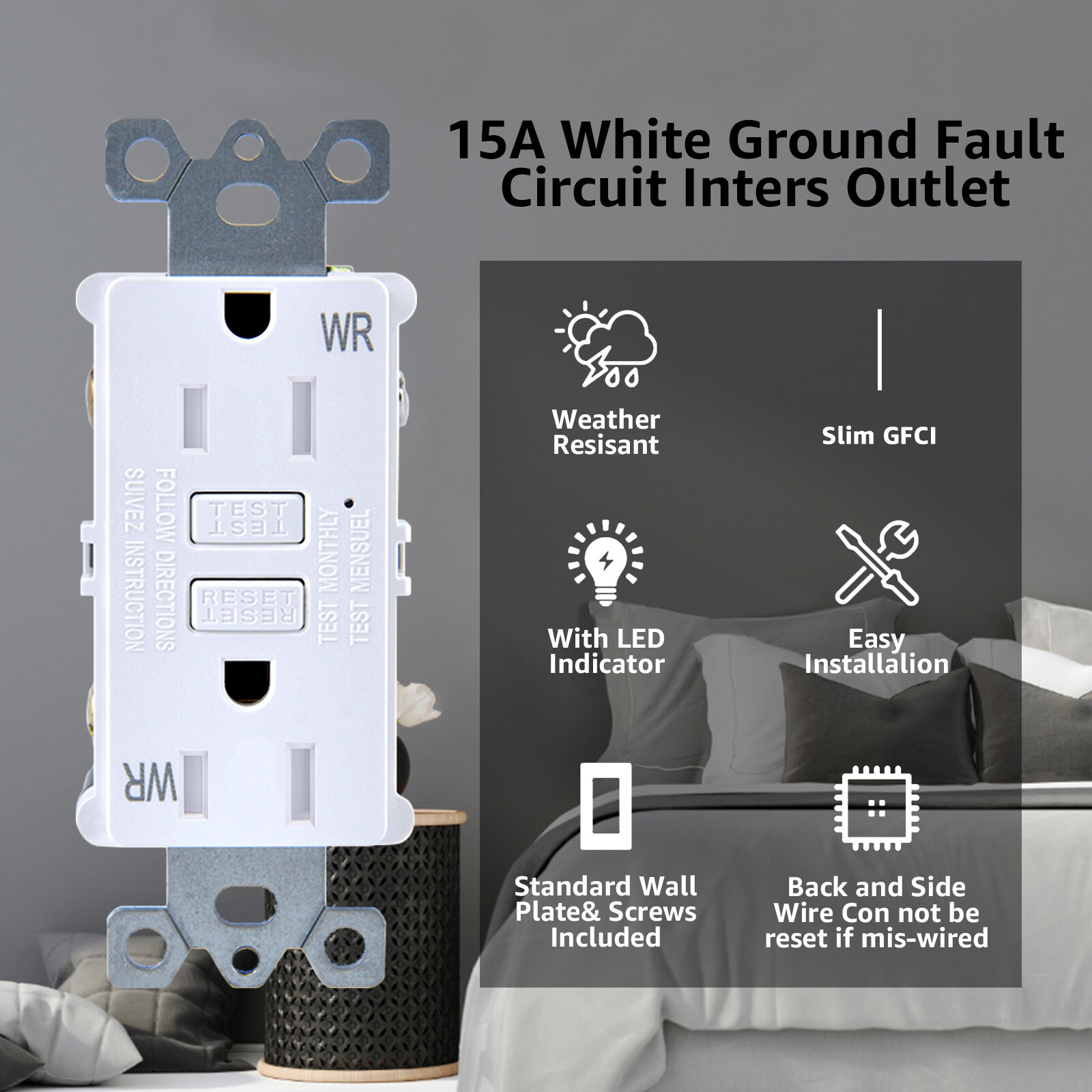 15A AMP 125V GFCI GFI Slim Safety Outlet Receptacle TR WR Tamper-Resistant UL