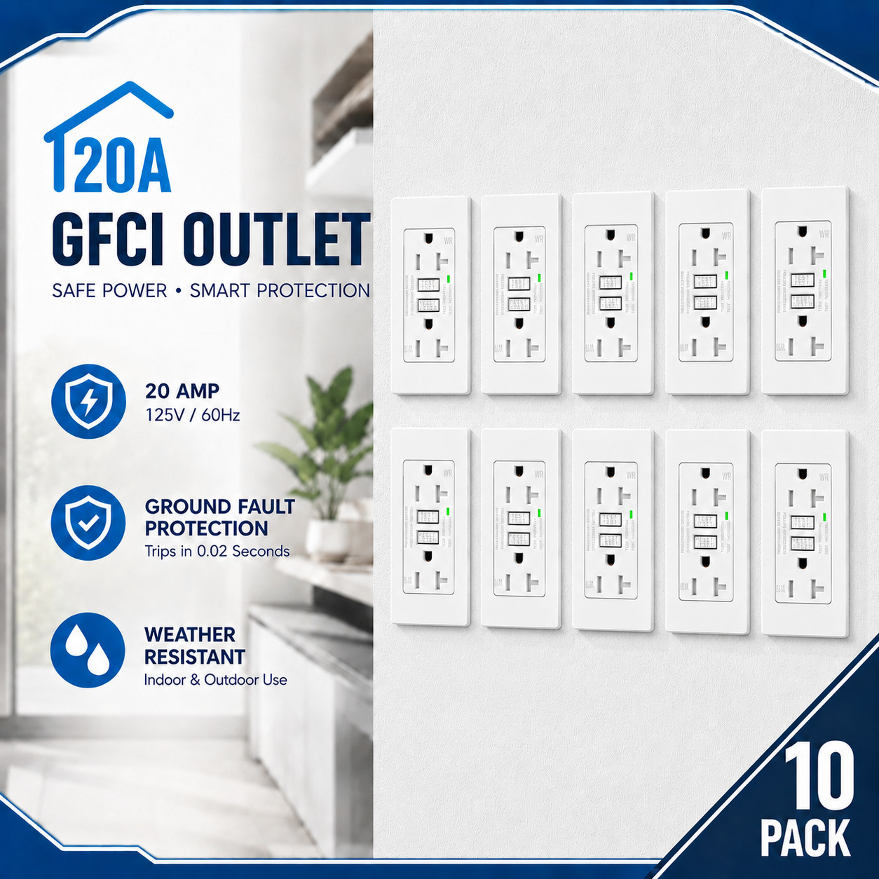 10PK White GFCI Receptacle 20A WR TR GFI ETL Listed w/ LED Indicator Wall Plate