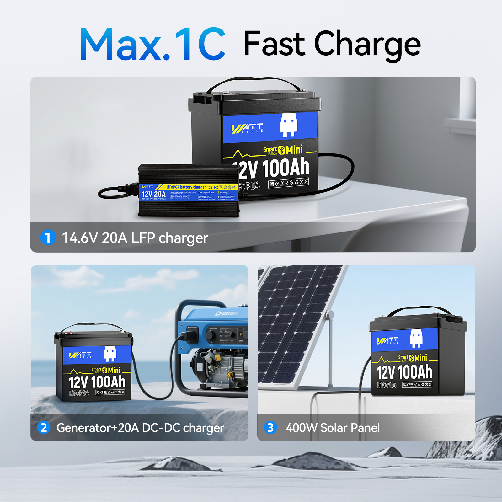 WattCycle 12V 100Ah Lithium Deep Cycle Battery Bluetooth for RV Solar Off-Grid