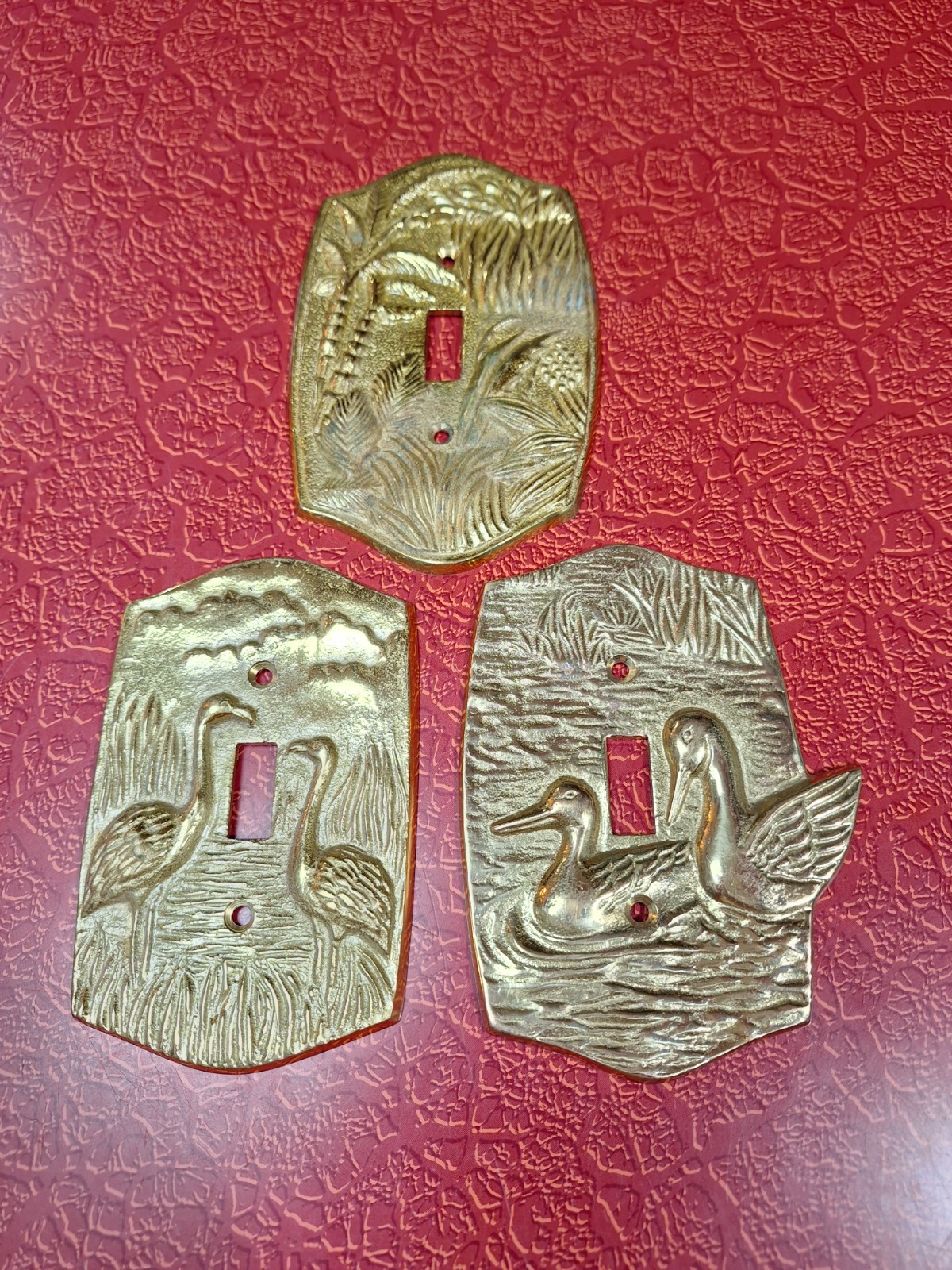 Lot of 3 True Vintage 1980s Solid Brass Switch Plate Covers Ducks Herons Palms