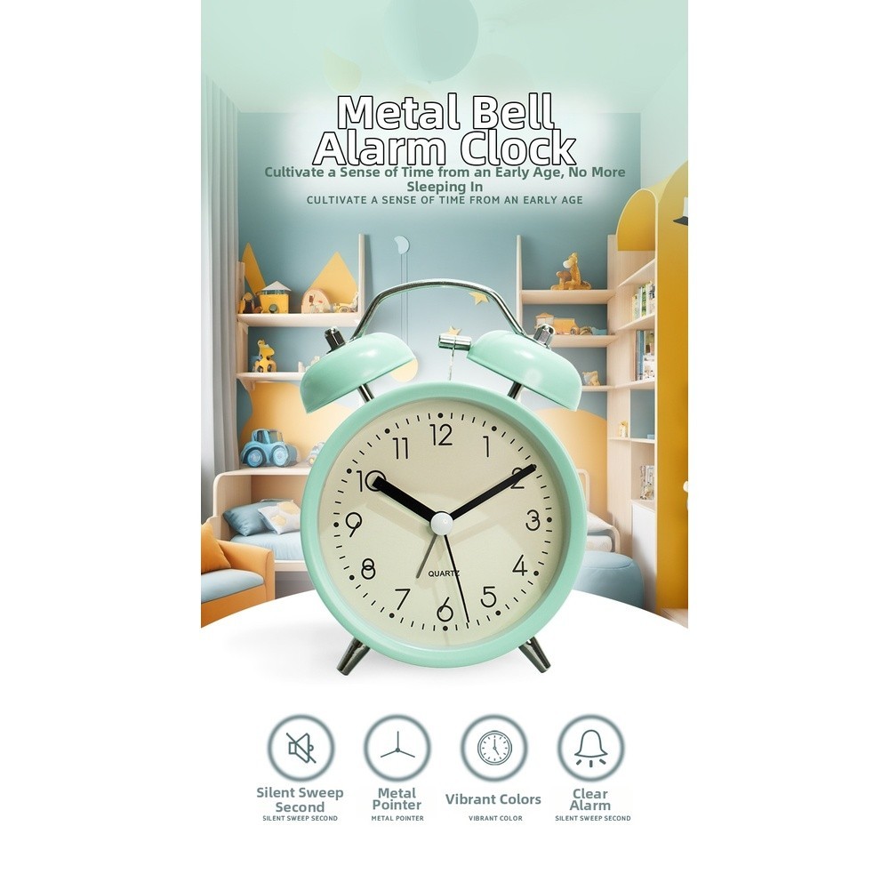 Student Alarm Clock Metal Casing Glow in Dark Silent Sweep Second Hand