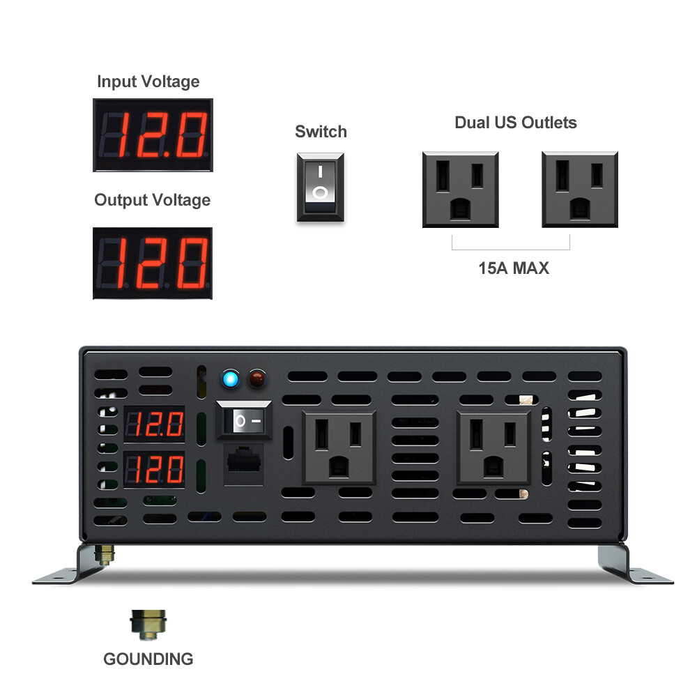1500W Pure Sine Wave Inverter 12V DC to AC 120V Solar System Car Remote Control