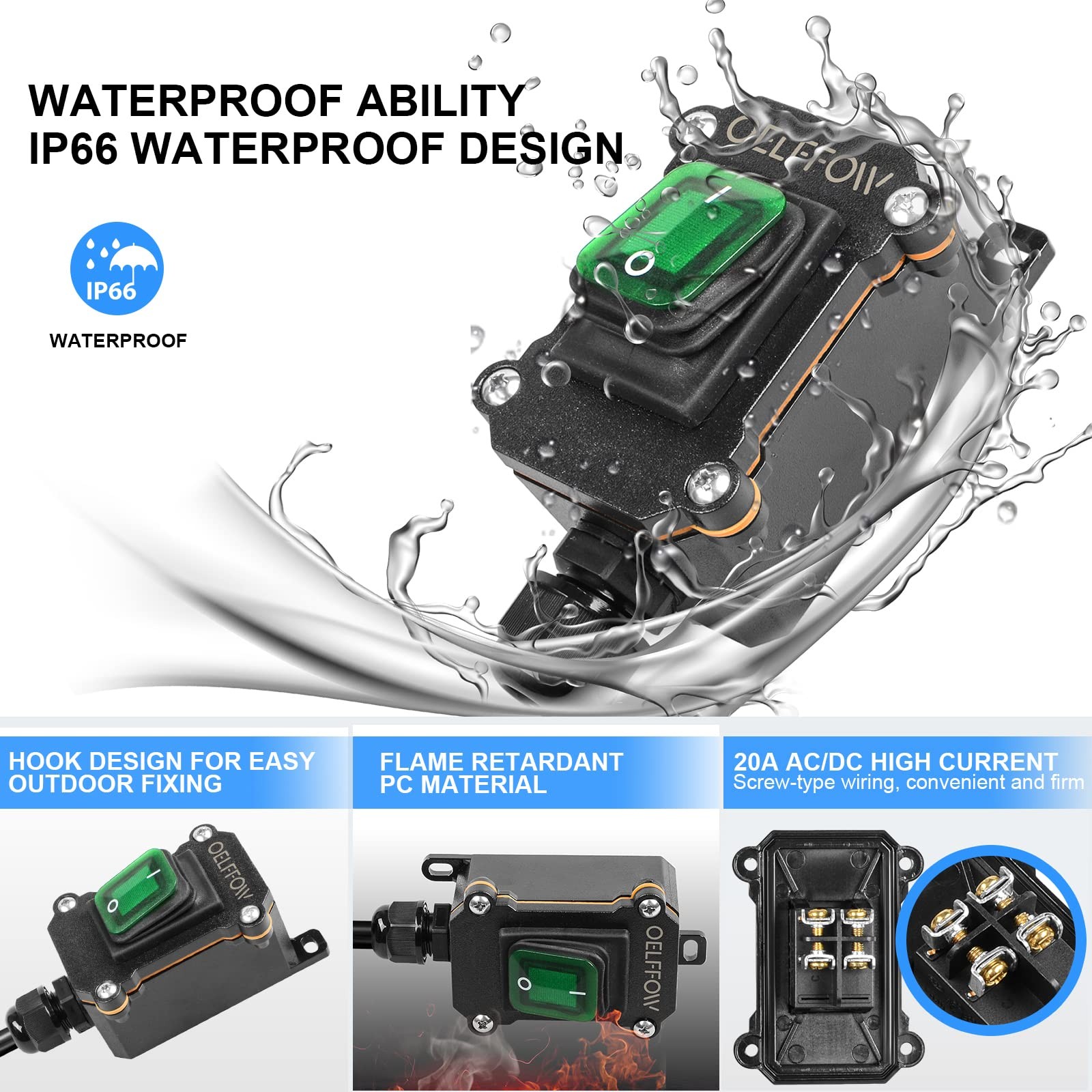 Waterproof On Off Toggle Switch with Green Light Rocker Button Inline Cord Sw…