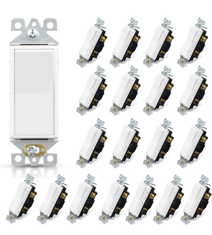 20 Pack Glossy White Single Pole Decorator Light Switch, 15Amp, 120-277V, UL