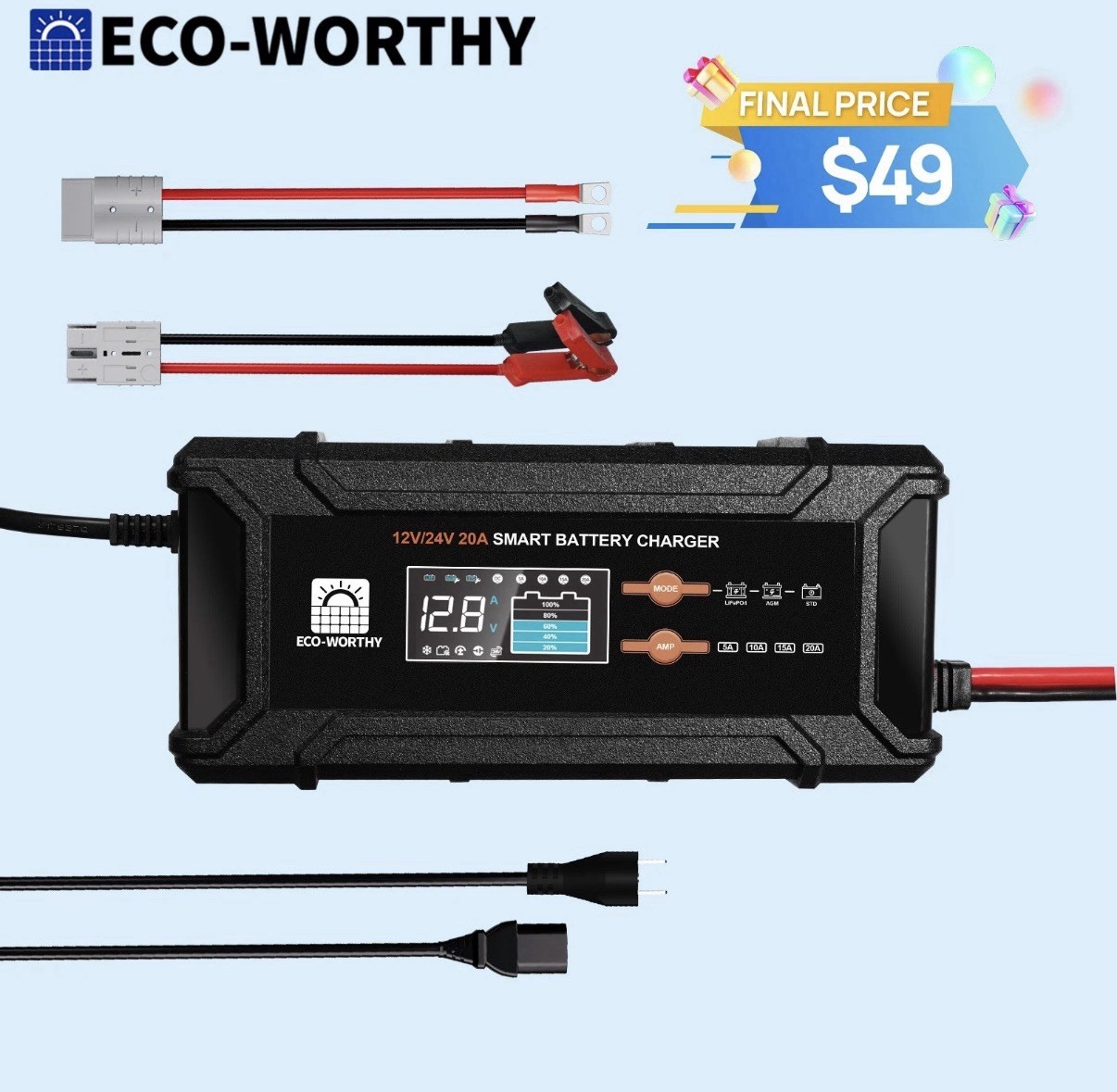 ECO-WORTHY 12V/24V 20A Lithium LifePO4 Battery Charger 14.6V Maintenance