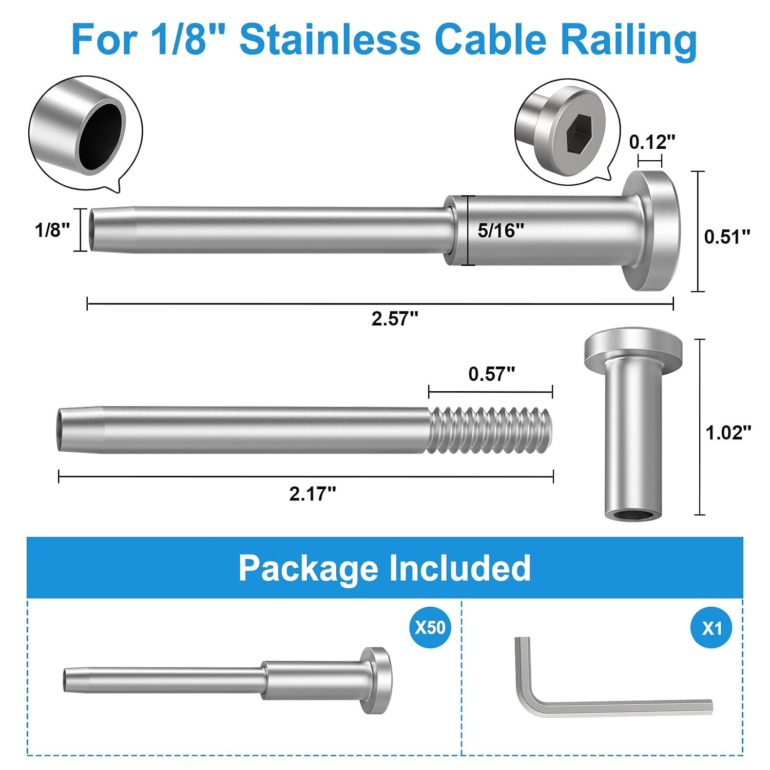 50 Pack Invisible Cable Railing Kit, T316 Stainless Steel 1/8″ Invisible Receive