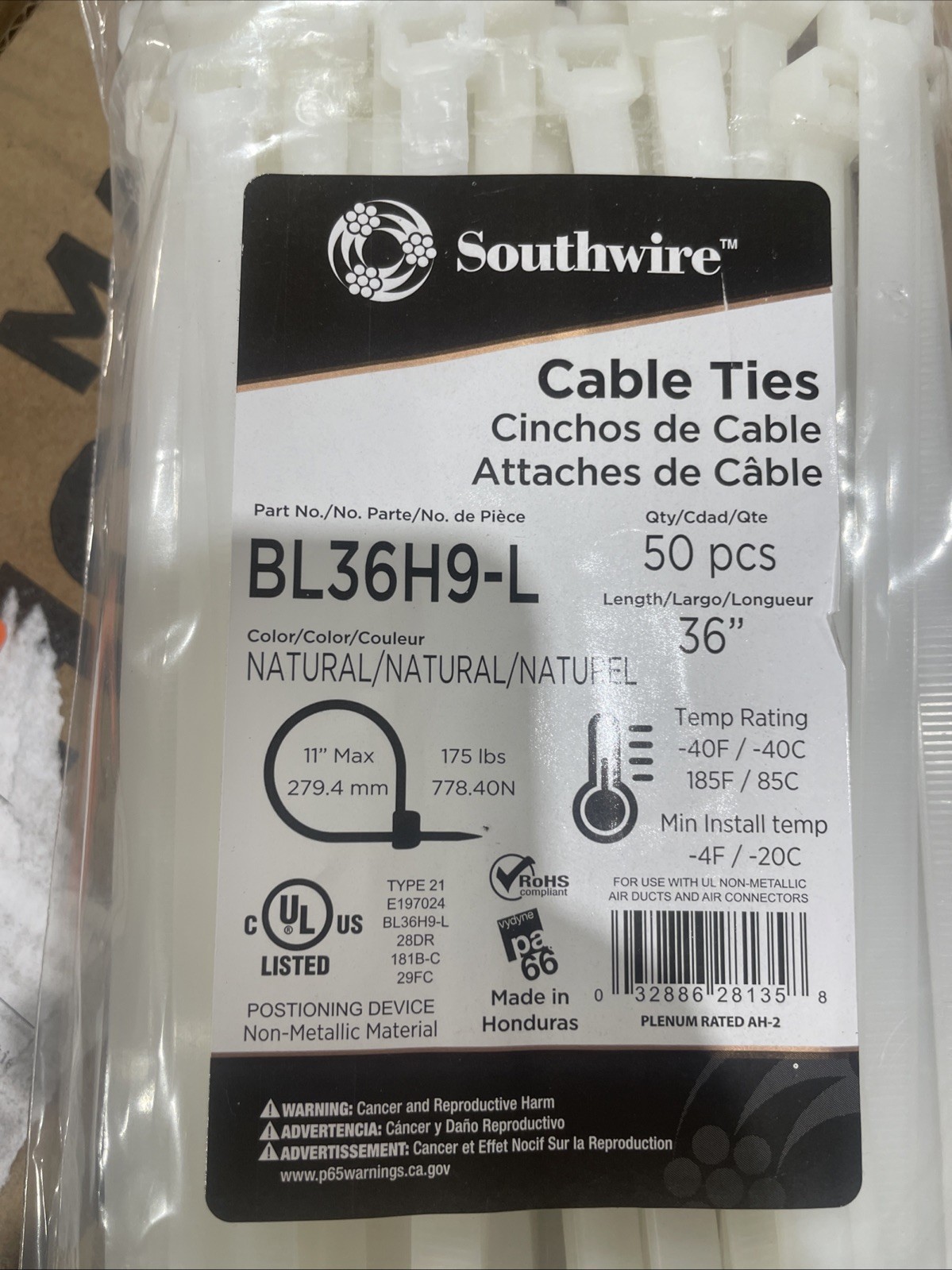 Southwire BL36H9-L 36″ 175LB NAT CT 50BAG, 032886281358
