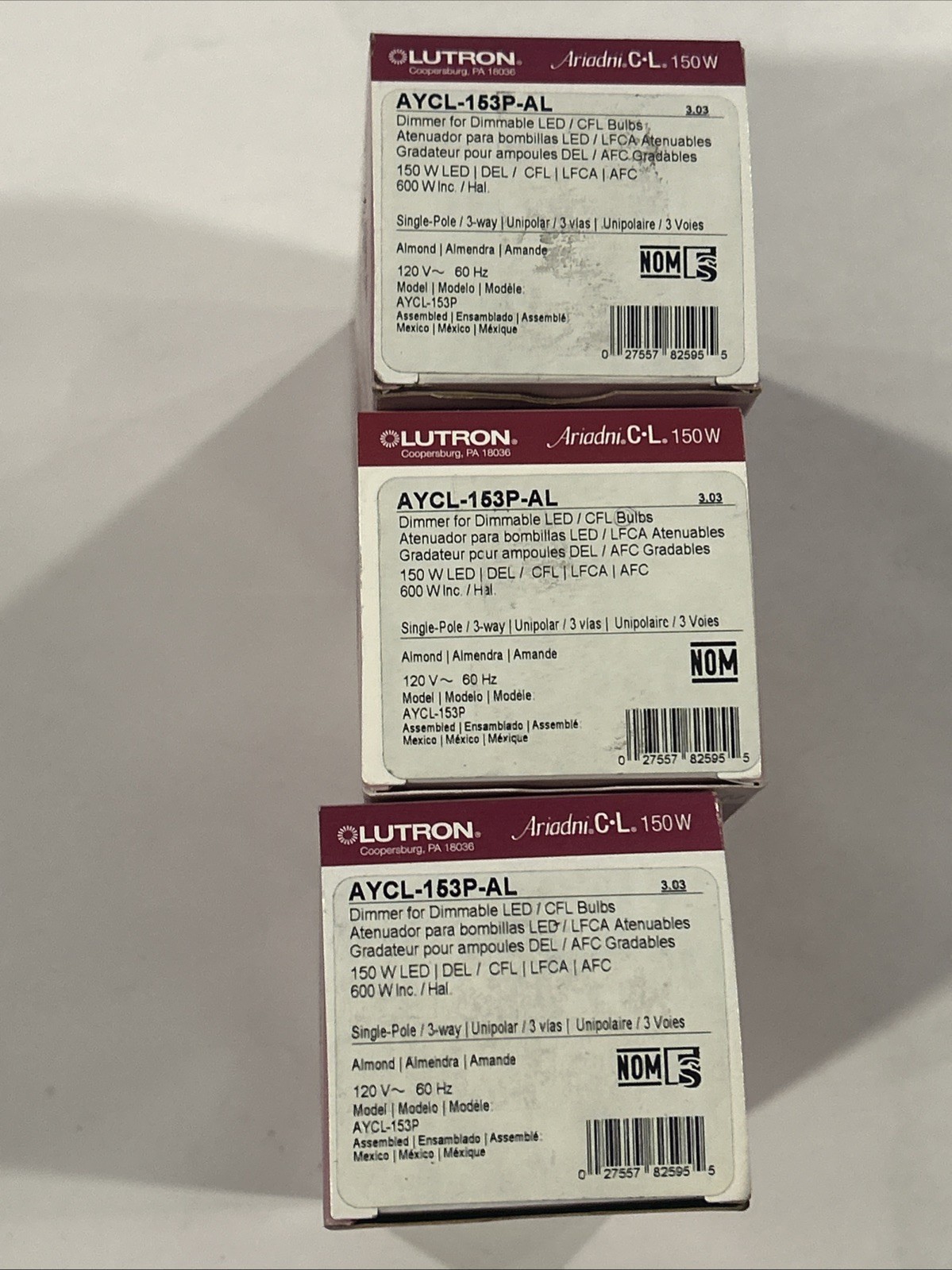 LOT OF 3 Lutron Ariadni Toggler LED Dimmer 150W Single Pole/3Way | AYCL-153P-AL
