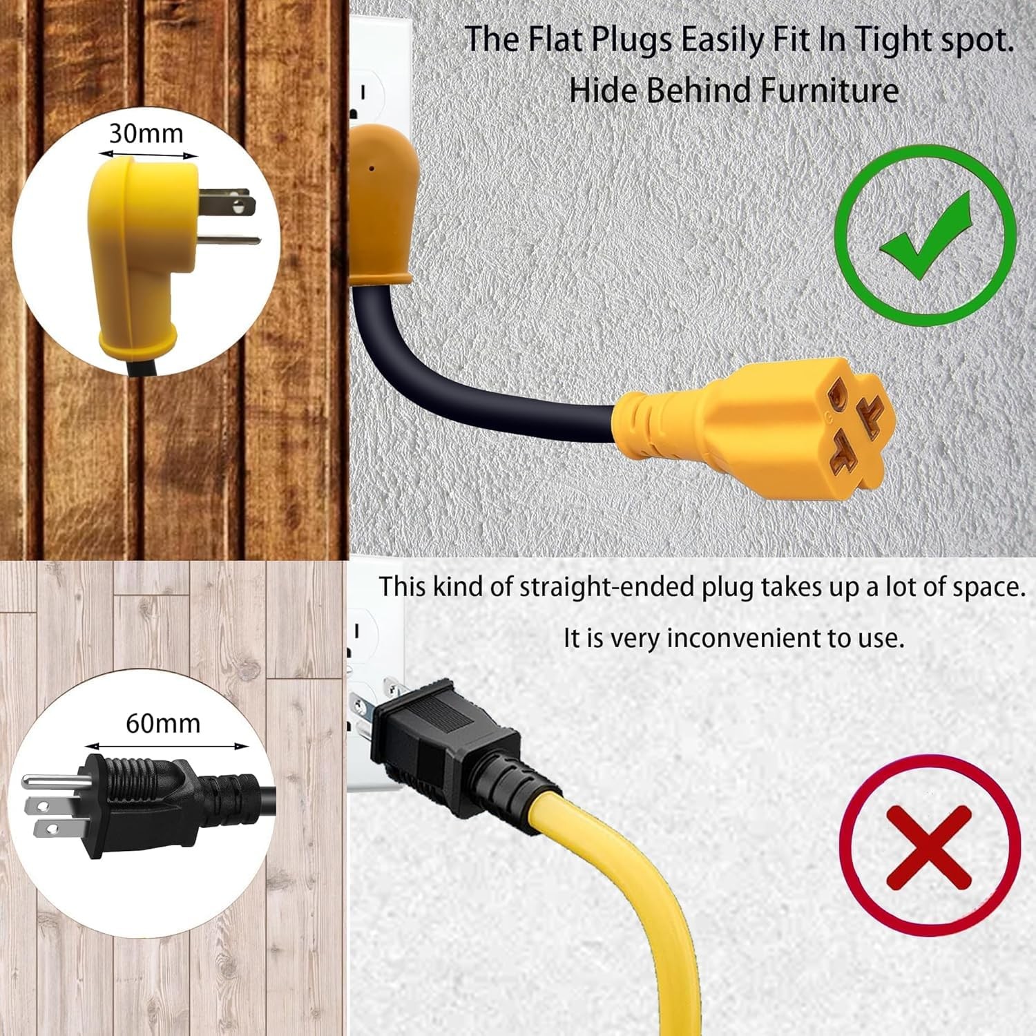 12AWG HeavyDuty 1Ft 4in1 Flat RightAngle AC Plug Adapter