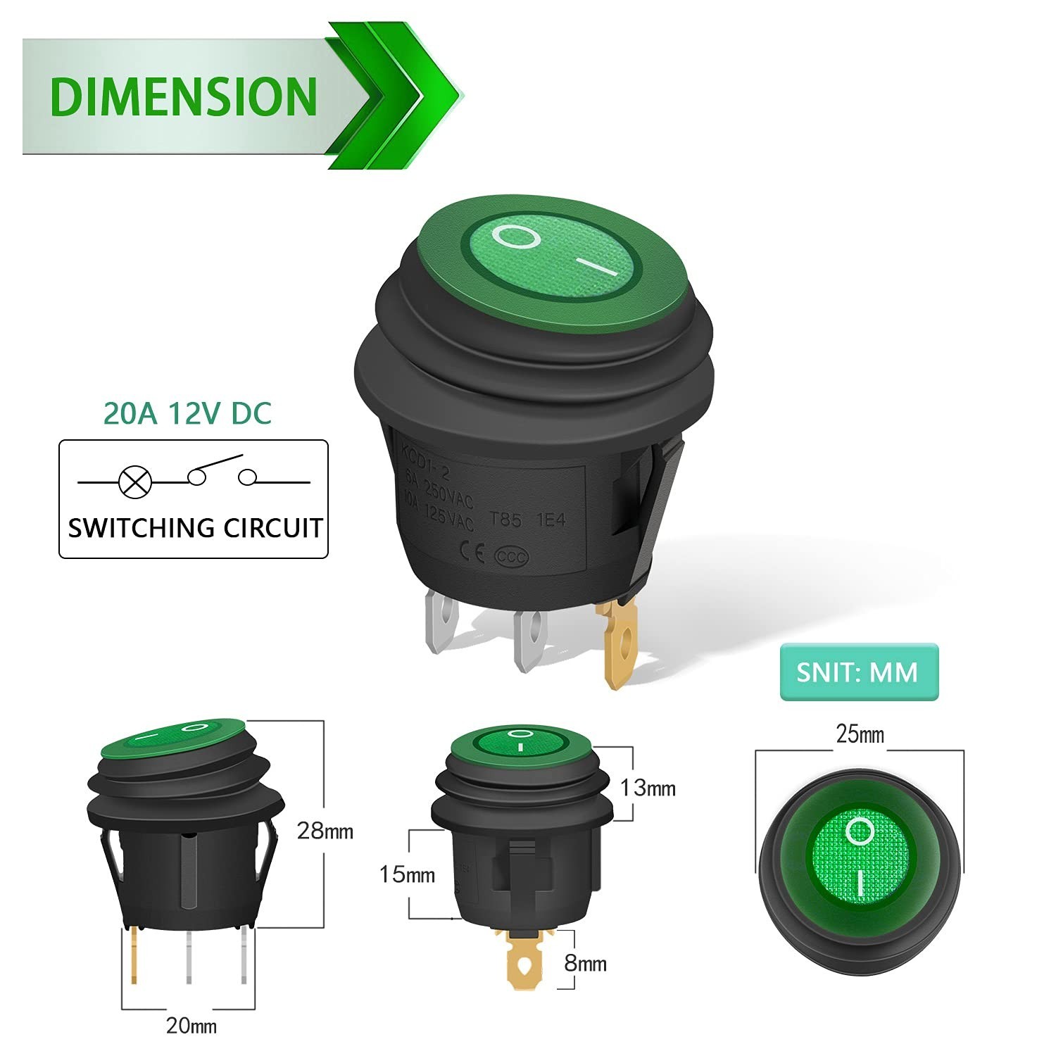 5 Pack SPST 3 Pin ON/Off Waterproof Round Rocker Toggle Switch 12V 20 Amp Gre…