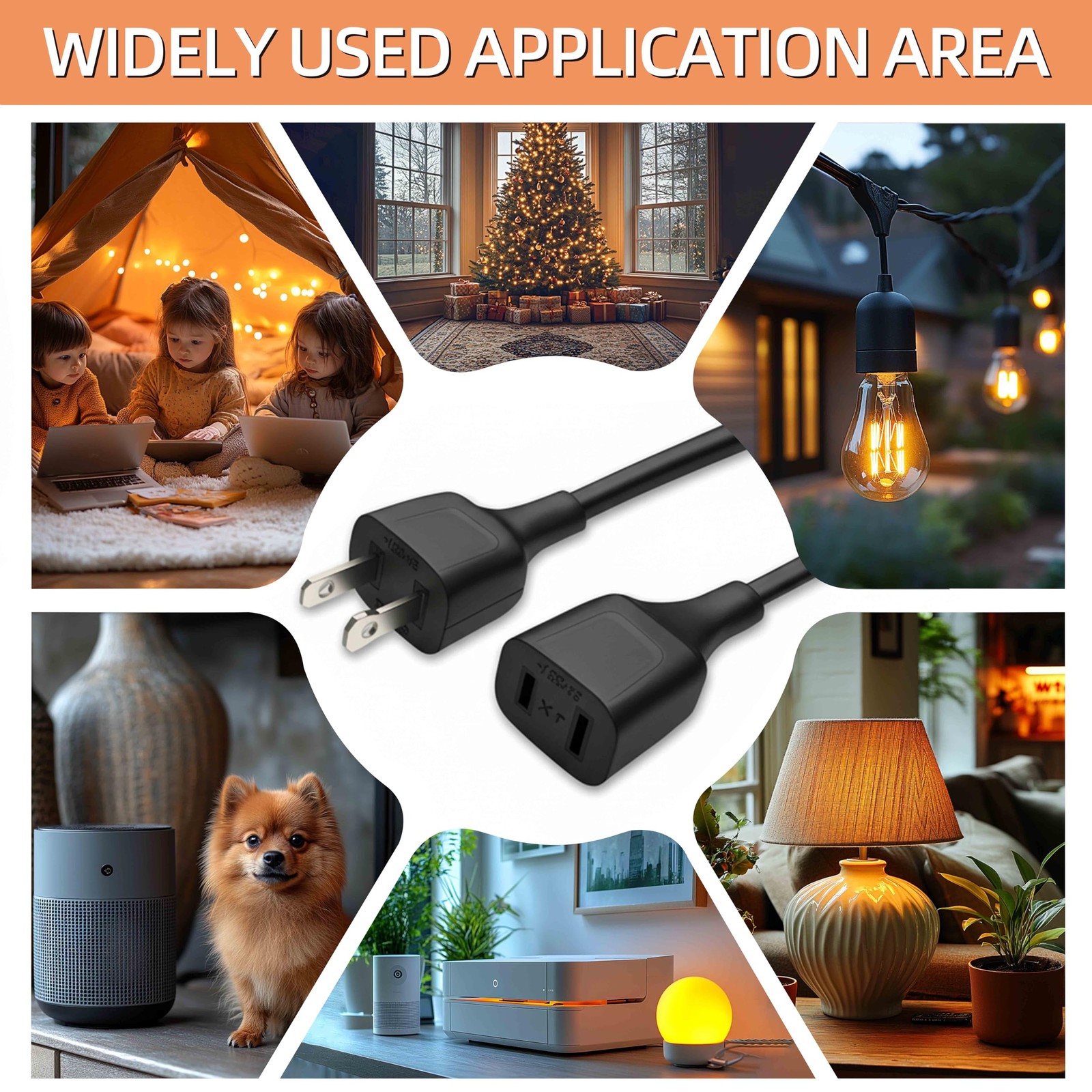 5FT Black Power Extension Cords, 2-Prong, 2 Outlets, 125V 5A 625W (1 Pack)