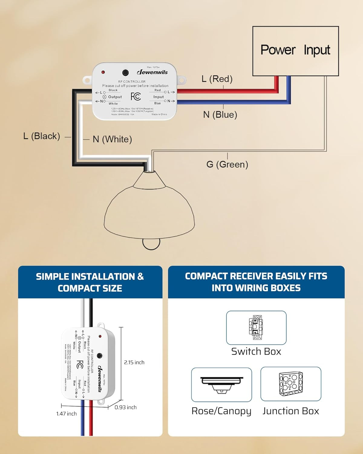 DEWENWILS Wireless Remote Light Switch 15A High Power, Lighting Fixture,FAN