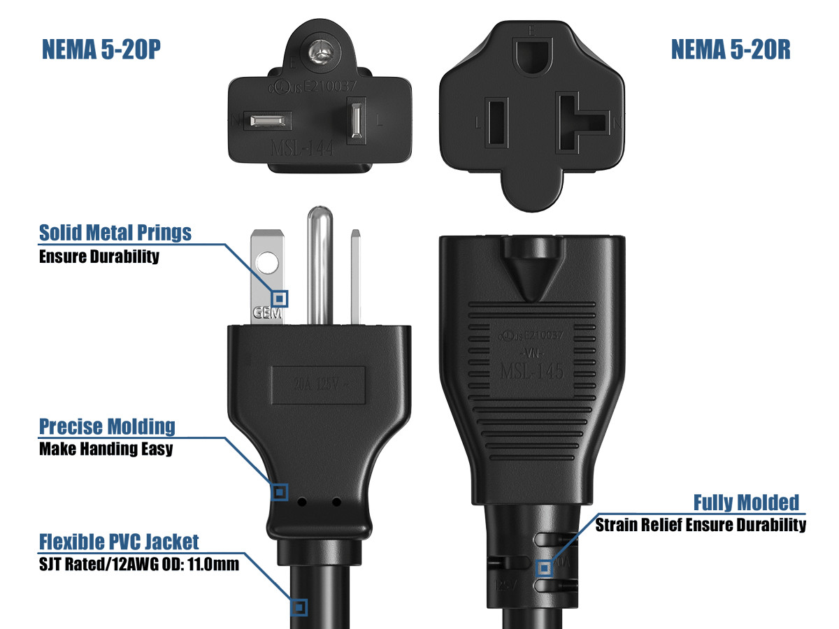 3ft Heavy-Duty NEMA 5-20P to NEMA 5-20R 12AWG Extension Power Cord