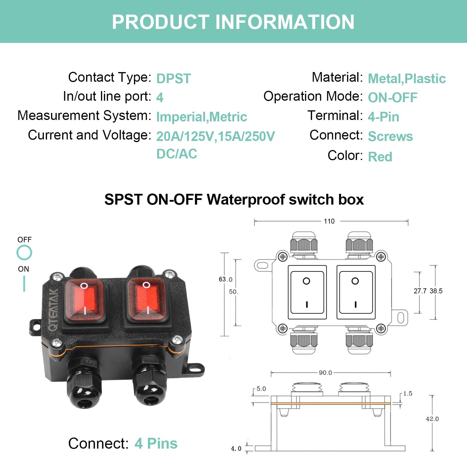 Waterproof On-Off Toggle Switch with Red Light Buttons DPST Inline Cord