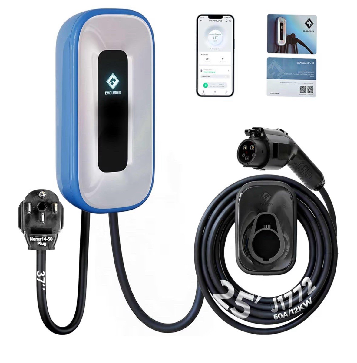 EV Charger Level 2 50A 240V Charge Station 25ft Cable WiFi/APP/RFID/Bluetooth