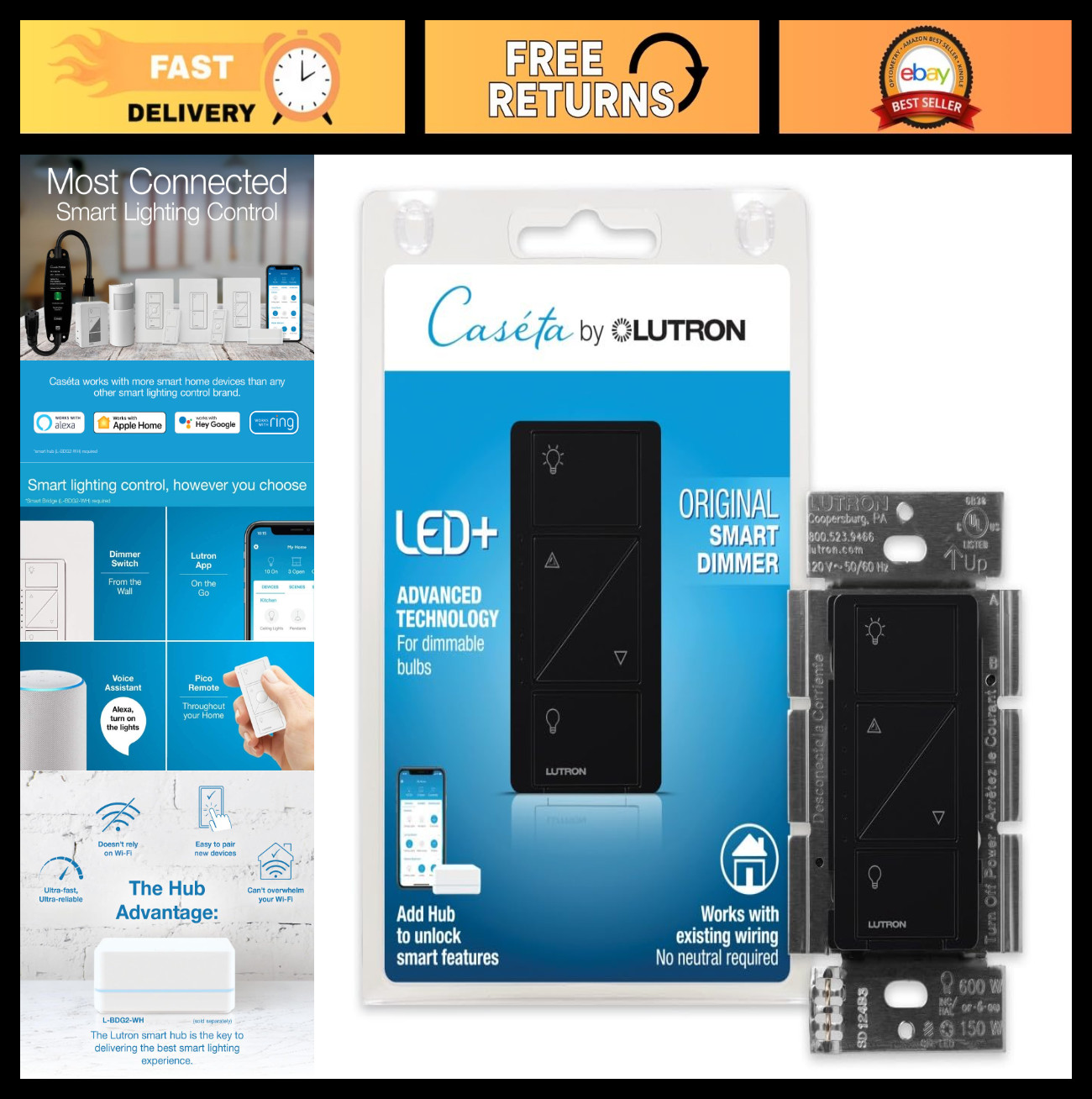 Smart Dimmer Switch for LED Lights, 150W, No Neutral, Single-Pole/3-Way, Black