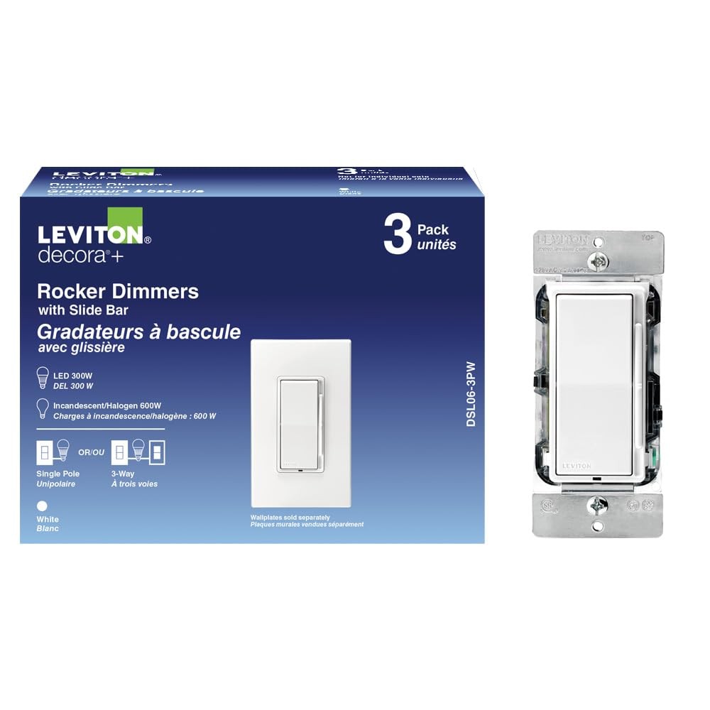 Leviton Dimmer Switch 600W Single-Pole/3-Way Rocker Slide 3-Pack White