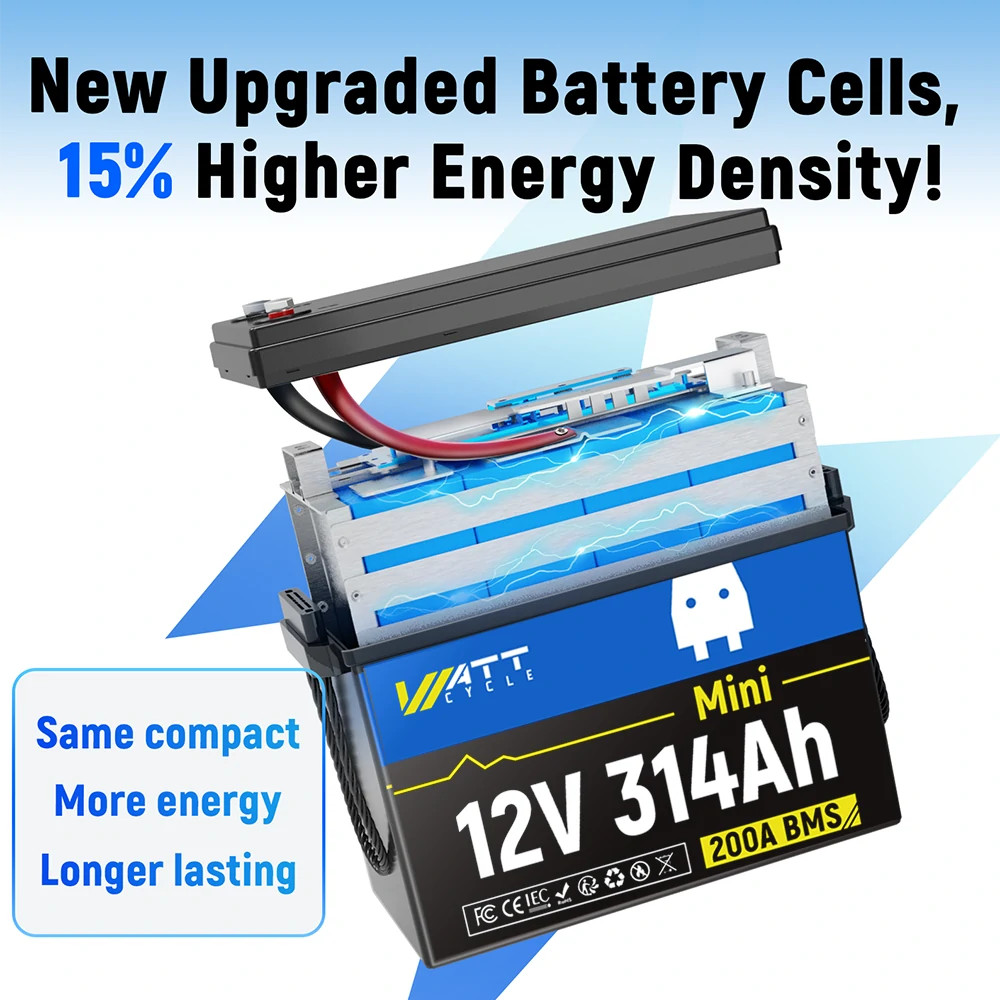 WattCycle 314Ah 12V 300Ah LiFePO4 Lithium Battery 4019Wh 200A BMS for Off-Grid