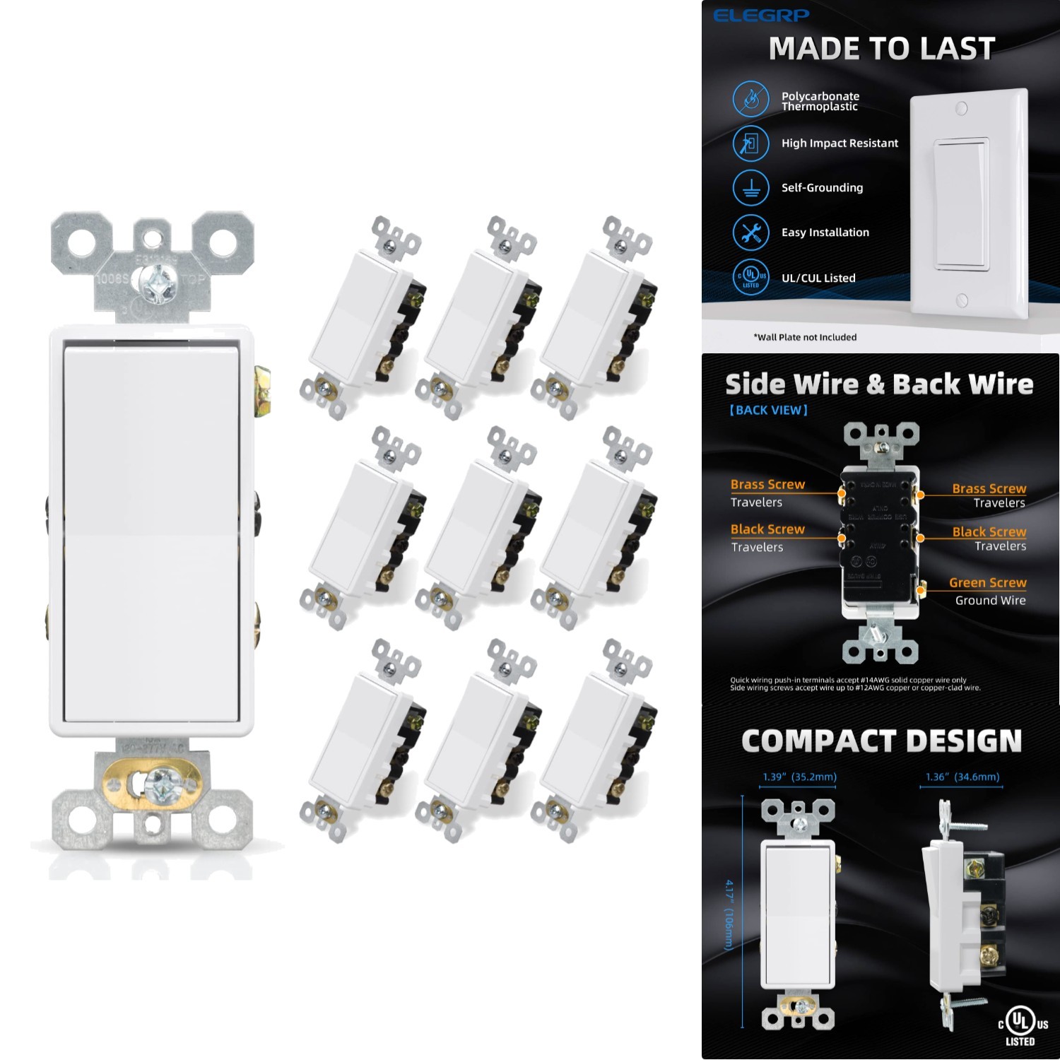 15A 4-Way Light Switch, Self-Grounding for Residential/Commercial Use, 10-Pack