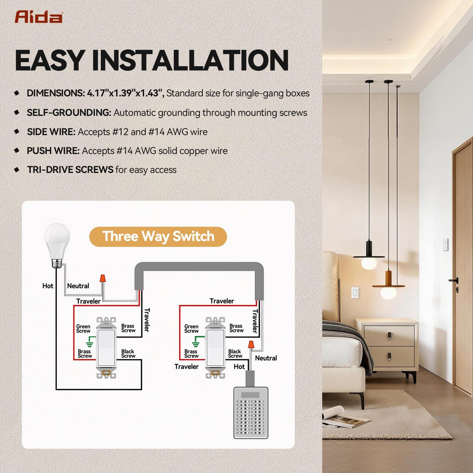 AIDA 3 Way Decorative Light Switch, 15Amp, 120/277 3 Glossy White