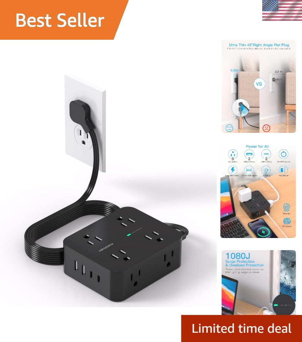 8-Outlet Surge Protector Power Strip with 4 USB & 2 USB-C Ports, 1080J Black