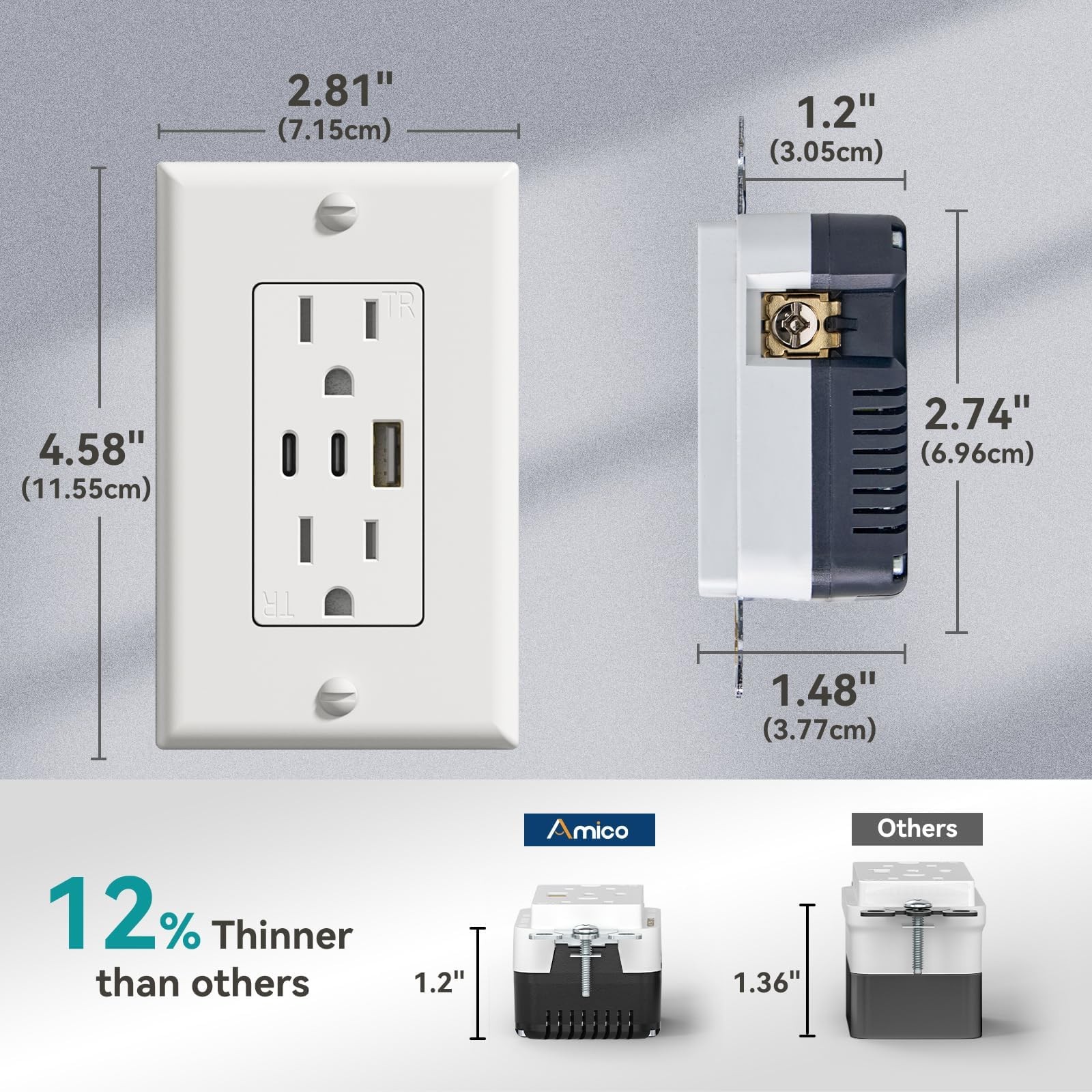 6.0A USB Outlet, 3-Port 30W Wall Outlets with 2 Type C & 1 Type A, 15 Amp Rec…