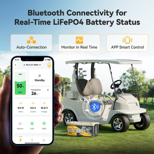 Power Queen 48V 100Ah Bluetooth Golf Cart Lithium Battery Low Temp. Cut Off BMS