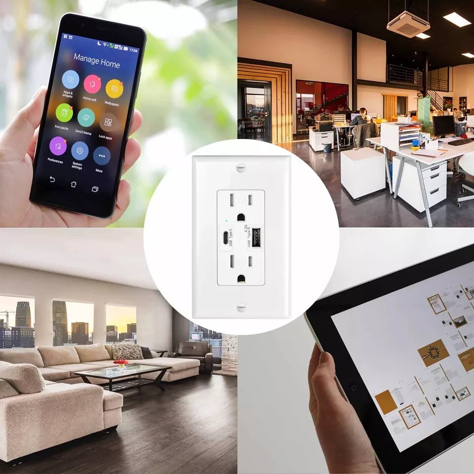 USB C Outlet Fast smart Charger 4.8A Duplex Receptacle 15A 125V Tamper Resistant
