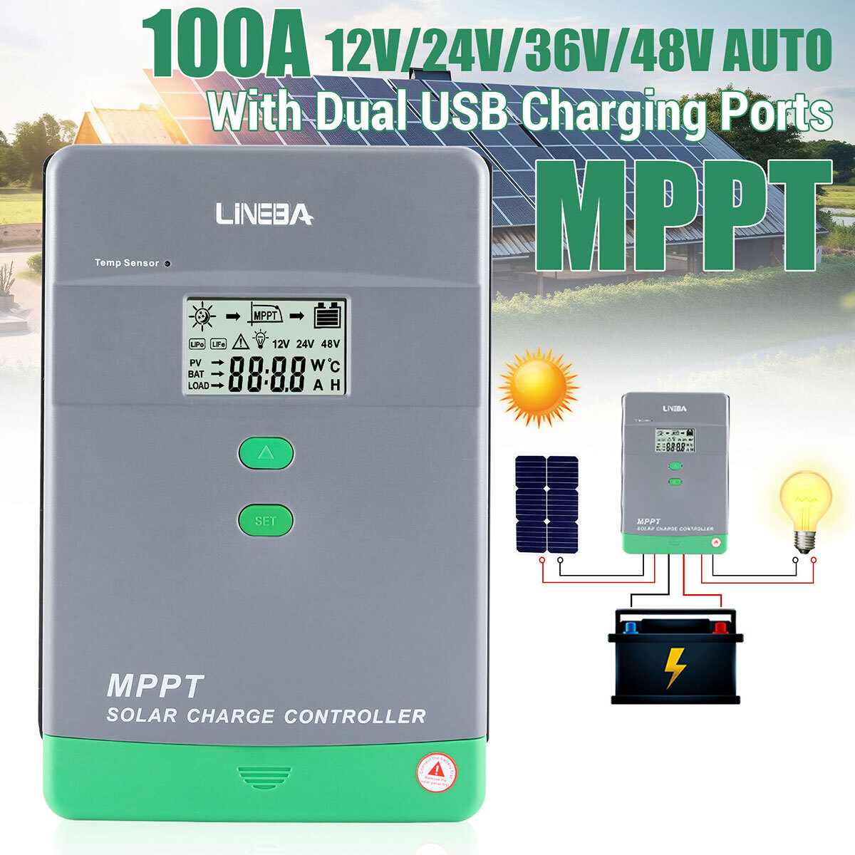100A AMP MPPT Solar Panel Regulator Charge Controller 12V/24V 1000W/2000W LCD US