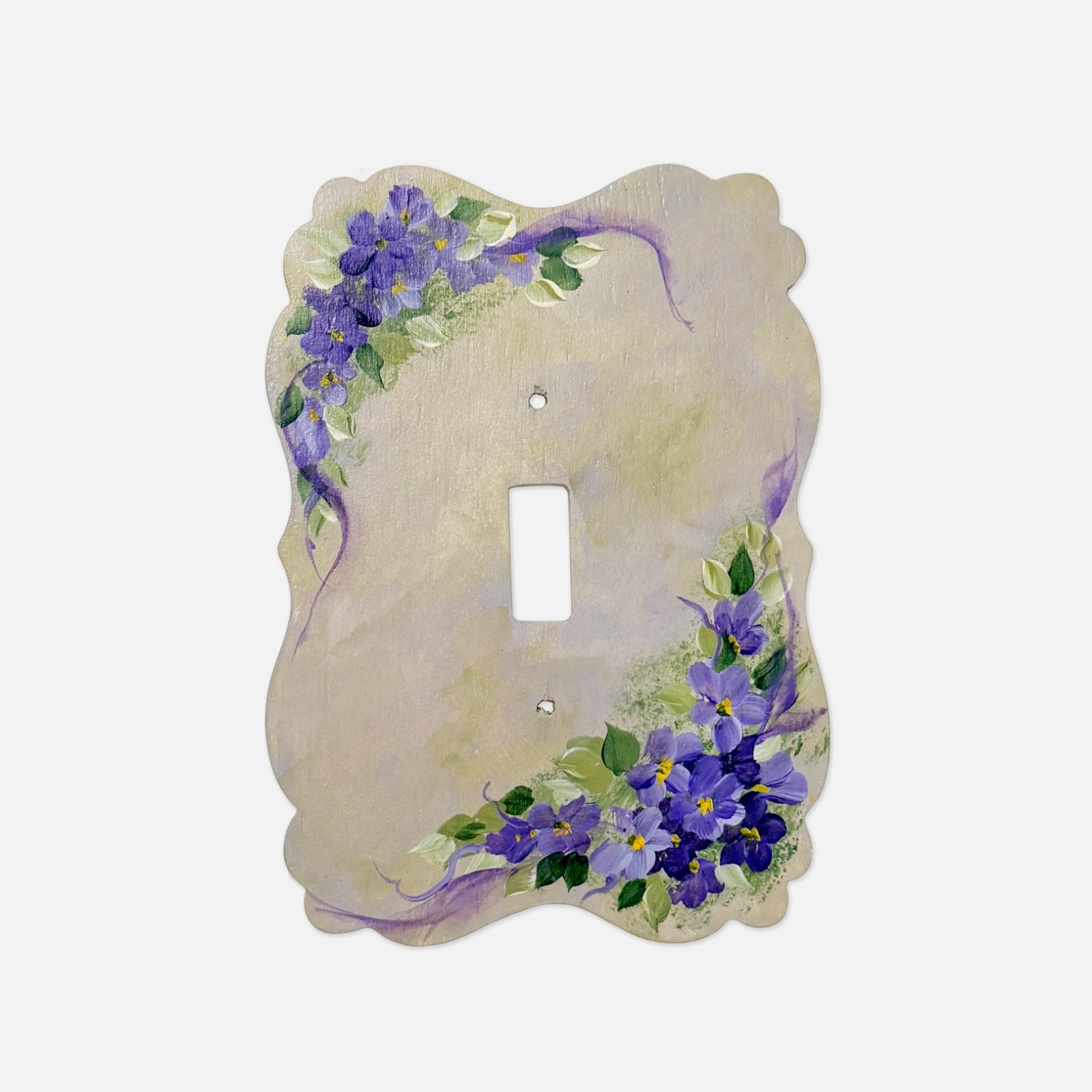 Vintage Hand Painted Floral Violets Wooden Wall Decor Light Switch Plate Cover