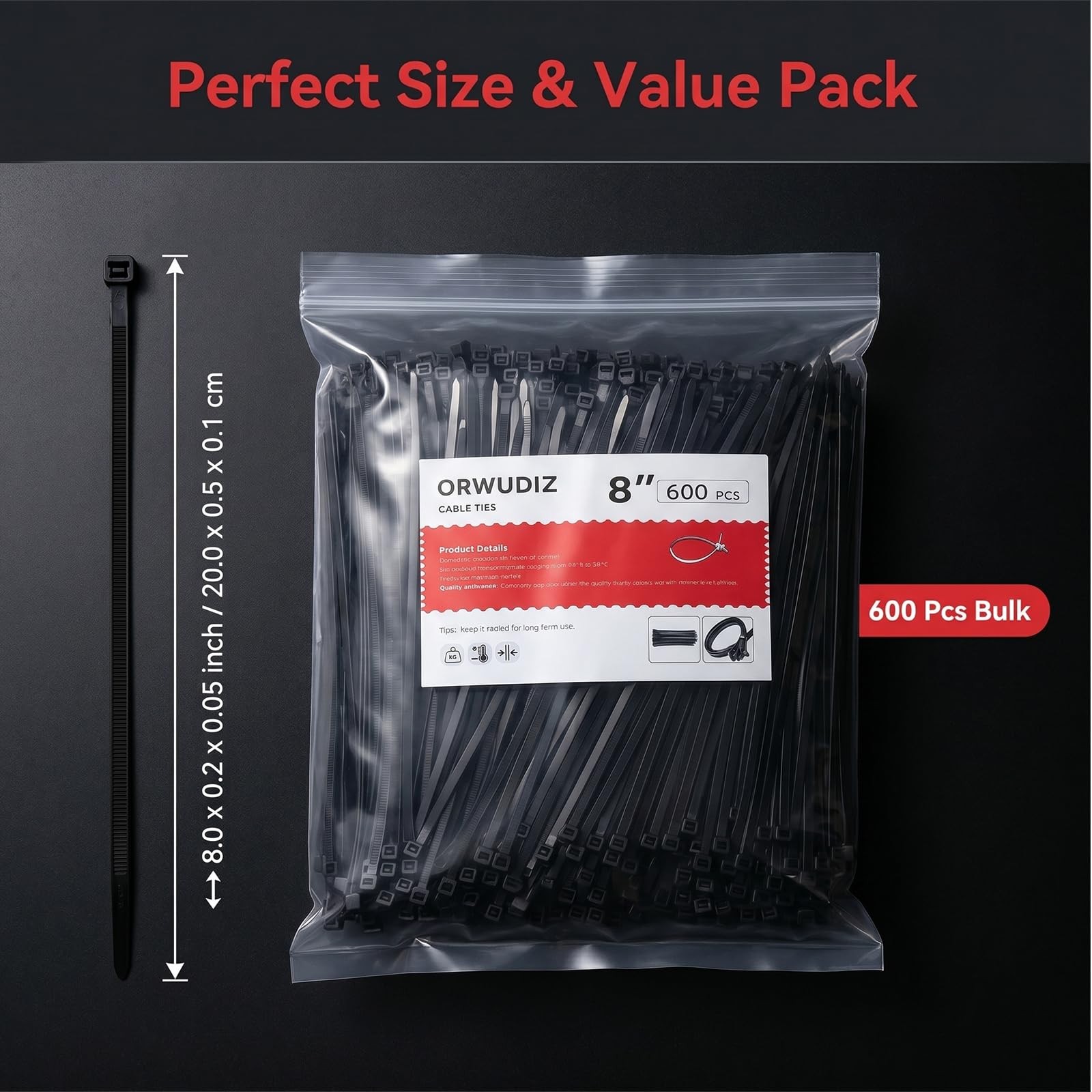 ORWUDIZ Cable Zip Ties, 8 Inch Black 600 Pcs, 8*1.38 inches, 600pcs