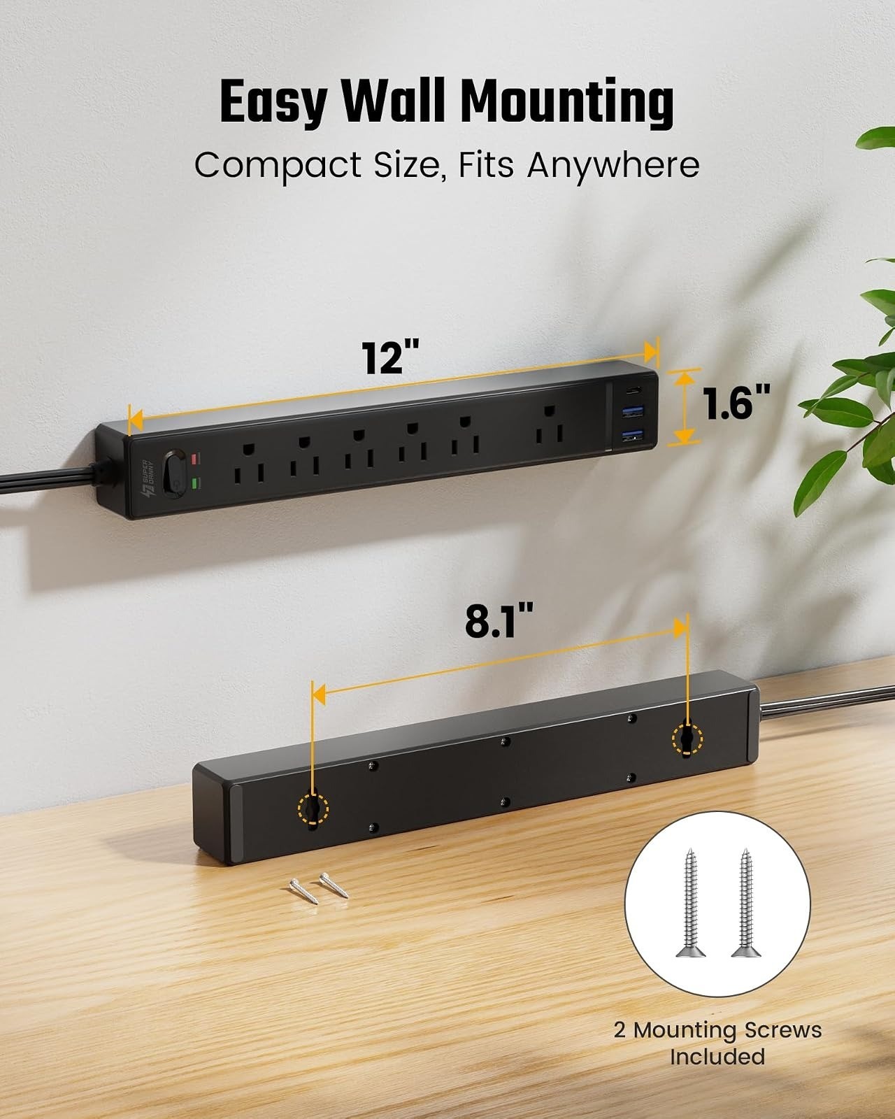 SUPERDANNY 10Ft Surge Protector Power Strip with 6 Outlets & 3 USB